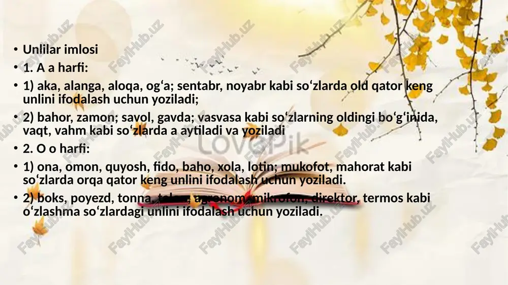 , balki an'ana tusiga kirib qolgan qoidaga ko'ra yoziladi: chor rossiyasi, pudratchi, fahm, rahm kabi. hozirgi orfografiyada tarixiy-an'anaviy tamoyil asosida yoziluvchi ba'zi shakllar quyidagilar: 1. buyruq-istak mayli (-gin) mumtoz adabiyotimizda qo'llanib kelgan an'ana (she'riyat talabi)ga ko'ra -gil, -g'il tarzida ishlatiladi: borgil // borg'il. meni kutgil va men qaytarmen (k.simonov) bas, yetar, cholg'uvchi, bas qil sozingni, bas, yetar ko'ksimga urmagil xanjar (a.oripov). 2. maqsad ma'nosini anglatuvchi -gani shaklining -gali, -g'ali, -kali, -qali shakllari: ko'rgali keldingmu yor, kuydirgali keldingmu yor (qo'shiq). 3. hozirgi-kelasi zamon sifatdosh shaklini yasovchi -ur shakli: 4. differensial tamoyil - talaffuzda bir-biridan aniq farqlanmaydigan yoki o'zaro farqlari deyarli sezilmaydigan darajaga kelib qolgan so'zlar yozuvda maxsus qoida bilan ajratilib yozilishi differensiyalash (farqlash) tamoyili deyiladi. bu tamoyil kam qo'llanadi. ayrim misollar: 1. o'zaro yaqin, shakldosh so'zlar yozuvda tutuq belgisi yordamida farqlab qo'llanadi: da'vo – davo, na'sha – nasha, she'r – sher, sur'at – surat, ta'qib – taqib kabi. 2. ba'zi shakldosh …