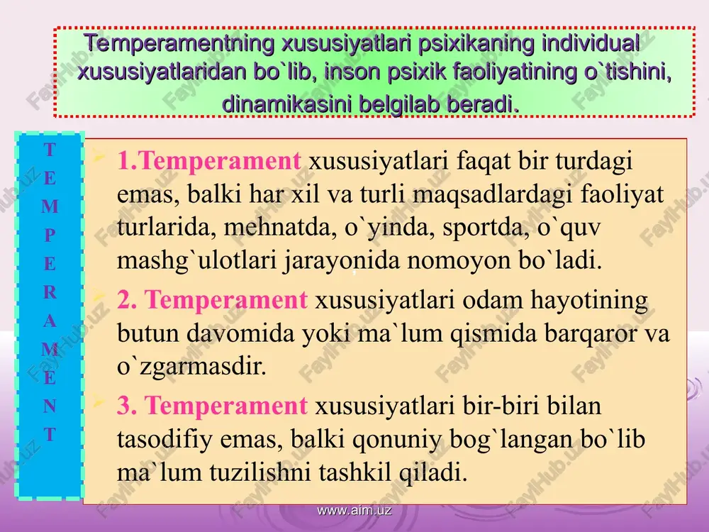 .uz www.aim.uz temperament www.aim.uz temperament flegmatik melanxolik sangvinik xolerik www.aim.uz xolerik temperament – hissiyotning tez va kuchli qo‘zg‘aluvchanligi, barqaror bo‘lishi bilan farq qiladi. xolerik temperamentli kishilarning hissiyotlari ularning imo-ishoralarida, mimikalarida, harakatlari va nutqlarida yaqqol ko‘rinib turadi. xoleriklar qizg‘inlik va tajanglikka moyil bo‘ladilar. bunday temperamentli kishilar chaqqon, umuman harakatchan, serg‘ayrat va har doim urinuvchan bo‘ladilar. juda g`ayratli, ishga juda ehtiros bilan berilish qobiliyatiga ega bo`lgan, tez va shiddatli, qizg`in emosional "portlash" va kayfiyatning keskin o`zgarishlariga moyil, ildam harakatlar qiladigan kishi xolerik deb ataladi www.aim.uz xolerik temperament www.aim.uz www.aim.uz xolerik temperament bu xil temperamentli bolalar serg‘ayrat bo‘ladilar. ular bir ishga tez kirishadigan va boshlagan ishini oxiriga yetkazadigan bo‘ladilar. ular ko‘pchilik bilan jamoa o‘yinlar o‘tkazishni sevadilar va bunday o‘yinlarni ko‘pincha o‘zlari boshlab, oxirigacha faol qatnashadilar. xolerik temperamentli bolalar arazchan, serjahl va tajang bo‘ladilar. bir narsadan xafa bo‘lsalar, bu xafalik ularda uzoq saqlanadi. ulardagi kayfiyat ancha barqaror va davomli bo‘ladi www.aim.uz xolerik kuchli harakatchan …