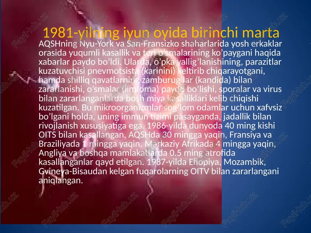 quyidagi hollarda oiv nek yuqmaydi: * yo’'tal yoki aksa urganda; * qo’l berib salomlashish, quchoqlashish yoki o’pishishda; ¢« umunmiy idish-tovoglar orqali; dush qabul gilishda; tanosil kasalliklariga turli-tuman omillar, oz belgi va xususiyatlari bilan kechuvchi yuqumlilik jarayonlari kiritilgan. bu kasallik tabiatini digqat bilan o rganilsa unda bitta umumiylik borligini ko ramiz. yani bu kasalliklar asosan yugish orgali ko payadi. boshqacha qilib aytganda, sog lom kishining kasallikka chalingan kishi bilan loaqal bir marta kechgan jinsiy alogasi muqarrar tarzda kasallikning yuqishiga olib keladi. wwww.arxiv.uz mustahkam, e’tigodli, ma‘lumotli, ma‘naviy boy, oz vatanini sevuvchi, mard avlodni ham ko’zda tutaman. i.a.karimov /docprops/thumbnail.jpeg mustaqil ish mavlu: o1ts bajos sern