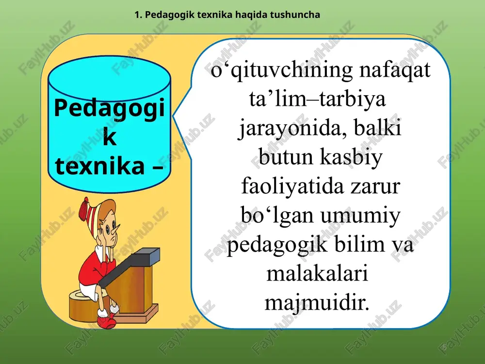 otatsiya va boshqalar; ichki nuqt. 3. nutq texnikasi: pedagog ovozining kasbiy sifati: tembr, intonatsiya, diksiya, temporitm (bir minuda 120 ta so’z). 4. nutqiy faoliyat turlari: o’qish, yozish, gapirish. 5. nutq uslublari: ilmiy, rasmiy, so’zlashuv, badiiy, ommabop. 6. nutqqa qo’yiladigan talablar: talaffuzning aniqligi, ifodaviylik, emotsionallik, diksiyaning tushunarligi, tovushlarning aniq talaffuz qilinishi, obrazlilik, nutq madaniyati, so’zdan foydalanish qoidalariga rioya qilish, temporitmga amal qilish. 7. nutqni egallashda yo’l qo’yiladigan kamchiliklar: monotonlik, temporitmning oshib ketishi, noto’g’ri diksiya, so’zlarni noo’rin qo’llash, til qoidalarini buzish. 20 o’qituvchi ovozi o’zida quyidagi xususiyatlarni aks ettira olishi zarur: 1) jarangdorlik (tovushning tozaligi va tembrning yorqinligi); 2) keng diapazonlik (ovozning eng pastlikdan eng yuqorigacha bo’lgan darajasi); 3) havodorlik (erkin so’zlaganda yaxshi eshituvchanlikka ega bo’lishi); 4) ixchamlik, harakatchanlik; 5) chidamlilik (uzoq ishlash qobiliyatiga ega bo’lish); 6) moslashuvchanlik (dinamika, tembr, ohandorlikning turli sharoitga moslasha olishi); 7) qarshi shovqinlarga nisbatan barqarorlik (xalaqit beruvchi shovqinga tembr va tessituraning o’zgarib turishi); 8) suggetsivlik (ovozning xayajon …