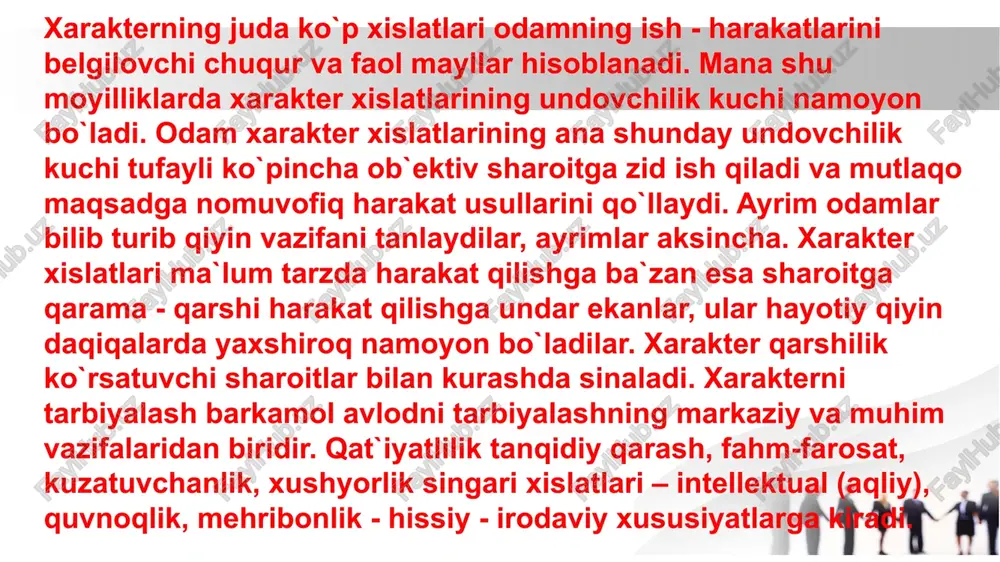 shida taqlidning roli katta. bolalar ota - onasiga, yaqin kishilarga va kattalarga o`xshashlikka harakat qiladi. ular kattalarning yurish - turishlari, dasturxon atrofida o`zini to`tishi va boshqalarga taqlid qiladilar, kichiklarga va jonivorlarga munosabatlarini kuzatadilar. ota - onalar va o`qituvchilar, umuman katta yoshdagilar hammasi o`zlariga ham e`tibor bilan qarashlari, o`zlarida ijobiy xarakter xislatlarini har doim tarbiyalab borishlari lozim. bolalarda ijobiy, irodaviy va axloqiy sifatlarini tarbiyalab etkazmoq uchun ota - onalar va tarbiyachilarning o`zlari bunday sifatlarga ega bo`lishlari lozim. xarakterning o`sishida tarbiya va o`z - o`zini tarbiyalashning roli katta. o`sib kelayotgan yosh avlodning xarakteri, avvalo oilada va maktabda tarbiyalanadi. bolalarning xarakterini tarbiyalashda katta mas`uliyatli vazifa ota - onalar, o`qituvchilar va bolalar bog`chasi tarbiyachilari zimmasiga to`shadi. xarakterni tarbiyalashda pedagog bolaning temperamentni ijobiy va salbiy tomonlarini yaxshi bilishi lozim. xarakterni tarbiyalash, jumladan, temperamentning ijobiy tomonlarini o`stirishdan, uning salbiy tomonlarini yo`qotishdan va bu salbiy tomonlarni xarakterning ijobiy xislatlari bilan almashtirishdan iborat. xarakterning salbiy tomonlarini yo`qotmoq, ijobiy …