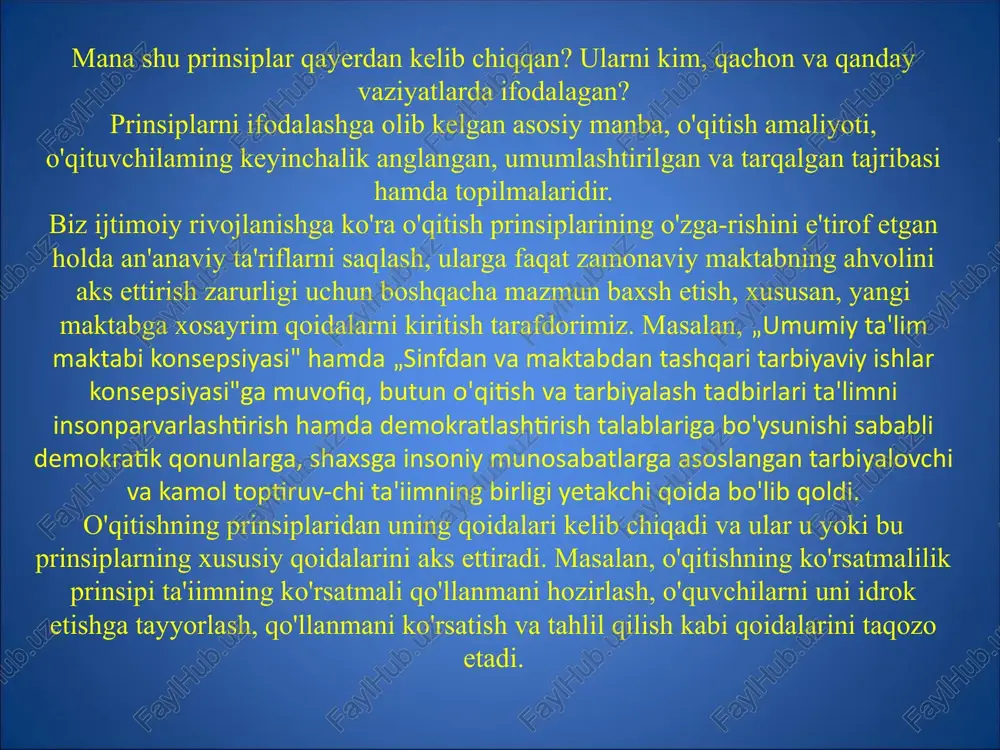 kishisi uchun zarar bilimlarni qaysi usullar bilan o'zlashtirish mumkinligini bilish. 4. fanning faktlari hamda qonuniyatlarini ravshan va chuqur tushunish, o'quv materialiarining bola ongida qayta ishlanishi va uning o'z boyligiga aylanishi, olingan bilimlarni hayotda qo'llay bilish. ta'limda onglilik va faollik qoidasi ko'rsatmalilik prinsipi bihshning birinchi pog'onasi — jonli mushohada, ya'ni te-varak-atrofdagi narsalarva hodisalarni idrok etishdir. ko'rsatmalilik prinsipi idrok etishni osonlashtirishi va nazariy bilimlarni hayot, amaliyot bilan bog'lash imkonini beradi. bu prinsip o'rganilayotgan hodisalarga qiziqishni oshiradi, bilimlarni puxtaroq egallashga yor-dam beradi. ibn sinoning qayd qilishicha, inson o'zining o'quv mashg'u-lotlari boshlanishida, narsaning tashqi xossalarini o'rganishda, uning aslini va tasvirini ko'rib, o'zicha bevosita bilimlarni hosil qilishi mumkin. har qanday fanda awalo, narsalarning ta'rifi zarur. ularning mavjudligini esa pirovard natijada isbotlash vositasida bili-nadi, chunki ular mazkur fan aniqlaydigan hodisalardan iborat bo'ladi1. ibn sinoning ana shu xulosasi o'qitishdagi ko'rsatma-lilikning faqat bir jihatini yoritadi, xolos. xulosada awalo inson mavjud narsalarni yoki ularning tasvirlarini idrok etishi tufayli unda …