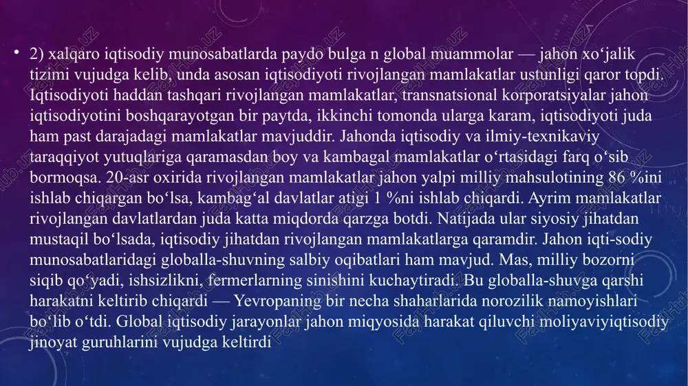 i ta’minlash, saqlash va oshirish asosida jahonni tez o’sib borayotgan bozorlarida o’rnini mustahkamlash. jahon iqtisodiyotini globallashuvini qarama-qarshiliklari: mamlakatlar va mamlakatlar guruhi o’rtasidagi qarama-qarshiliklar, mamlakatlar va tegishli moliya institutlari o’rastidagi qarama-qarshiliklar, ayrim mamlakatlar bilan tmk va jahon moliya markazlari o’rtasidagi qarama-qarshiliklar, yirik tmk, tmb va xalqaro moliya markazlari o’ratsidagi qarama-qarshiliklar. foydalanilgan ma’lumotlar arxiv.uz sayti uz.wikipediya.ru prezi.com sayti uz.unansea.com sayti e’tiboringiz uchun raxmat image2.png image3.png /docprops/thumbnail.jpeg ‘zbekiston respublikasi oliy va ‘o'rta maxsus ta’lim vazirligi ‘toshkent davlat iqtisodiyot universiteti samarqand filiali {tisodivottarmoqlar va sohal ar boyicha)