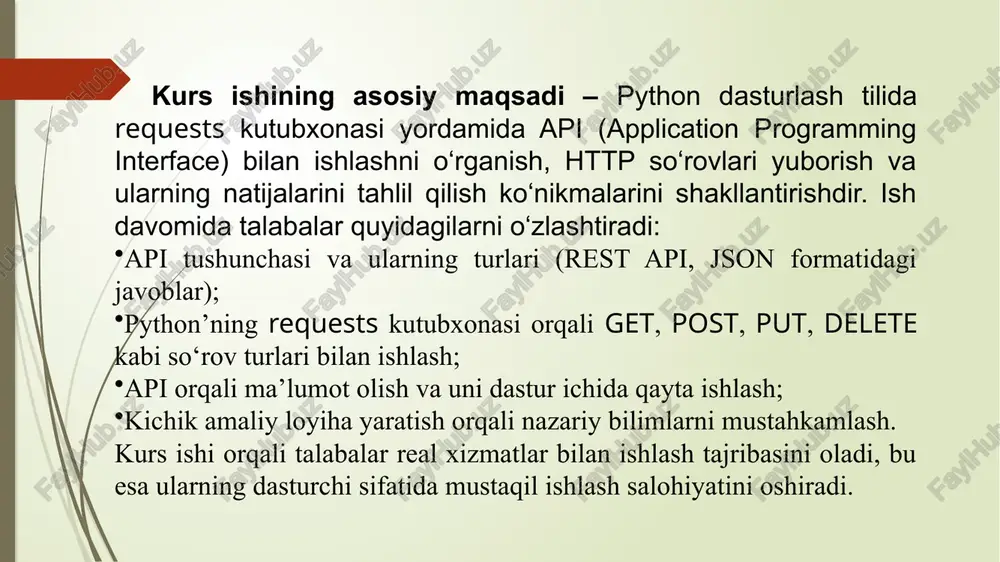 api’lar avtomatlashtirish vositasi sifatida ham katta ahamiyatga ega. masalan, siz biror jarayonni har safar qo‘lda bajarishni xohlamaysiz — bu holatda api yordamida dasturni avtomatik ravishda kerakli xizmatga ulang va natijani avtomatik qayta ishlang. api turlari (rest, soap) api turlari haqida gapirganda, eng ko‘p ishlatiladigan ikki turi — rest va soap. ular turli uslublarda ishlaydi va ma’lum sharoitlarda bir-biridan farq qiladi. keling, ularning har birini batafsil ko‘rib chiqaylik. rest (representational state transfer) rest — bu arxitektura uslubi bo‘lib, u tizimlar o‘rtasidagi aloqani oddiy va samarali qilishga qaratilgan. rest api’lar odatda http protokoli asosida ishlaydi va turli resurslarga murojaat qilish uchun oddiy url’lar (manzillar)dan foydalanadi. restful api’lar quyidagi asosiy printsiplarga amal qiladi: stateless (holatsizlik): har bir so‘rov mustaqil bo‘lib, oldingi so‘rovlarga bog‘liq emas. bunda har bir so‘rov o‘zida kerakli barcha ma’lumotlarni olib kelishi kerak. server foydalanuvchi holatini saqlamaydi. soap (simple object access protocol) soap — bu xizmatga asoslangan protokol bo‘lib, u tarmoq …
