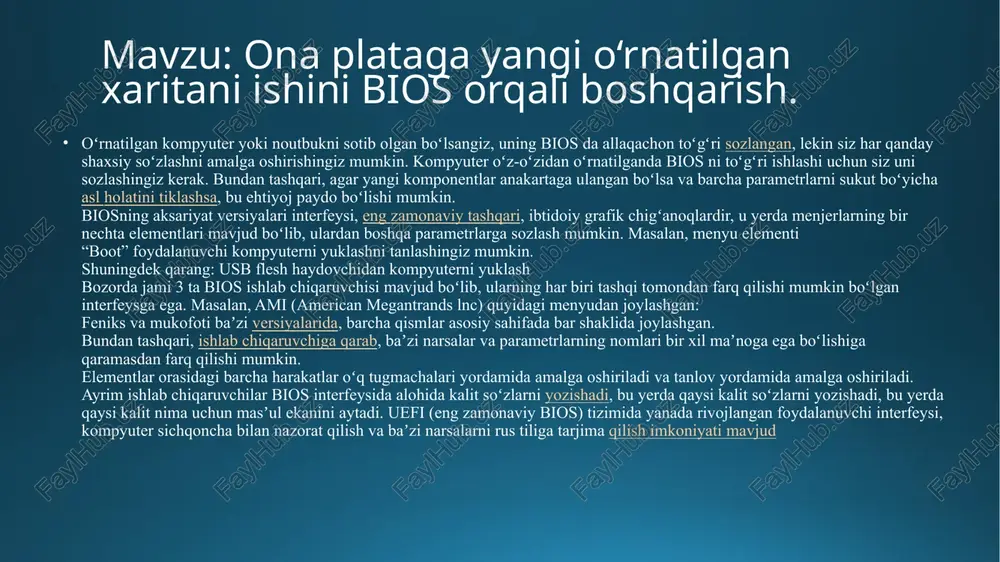 la boshlandi. masalan, trubkali kompyuterlarning mashhur seriyasi ibm 700 standart oʻlchamdagi modullardan qurilgan boʻlib, ularda 4-8 lampa va passiv elementlar mavjud va ulangan yuzaga oʻrnatiladigan. bunday modullar standart komponentni amalga oshirdi - masalan, trigger - va standart konnektorlardan foydalandi, ular orqa panel ga oʻrnatildi, ularning ulagichlari ulangan wrap-wrap. tel oʻrash va ayniqsa sirtga oʻrnatiladigan simlar juda tez bosma bilan almashtirildi, uni ishlab chiqarish ancha arzon va avtomatlashtirish osonroq edi, 60-yillarning boshlarida bosilgan elektron platalardan foydalanish umumiy qabul qilindi. . biroq, aksariyat elektron qurilmalar nafaqat kompyuterlar, balki analog tizimlar, aloqa va boshqaruv uskunalari va boshqalar. hali ham koʻplab taxtalar boʻylab tarqalgan juda koʻp diskret komponentlardan iborat edi. 1980-yillarning oxiri va 1990-yillarning boshlarida koʻplab periferik funksiyalarni anakartga oʻtkazish iqtisodiy jihatdan maqsadga muvofiq boʻldi. 1980-yillarning oxirida shaxsiy kompyuterlar uchun anakartlar past tezlikda ishlaydigan atrof-muhit birliklari toʻplamini qoʻllab-quvvatlashga qodir boʻlgan yagona ic-larni (shuningdek, super i/u chiplari deb ataladi) oʻz ichiga ola boshladi: klaviaturalar] , …
