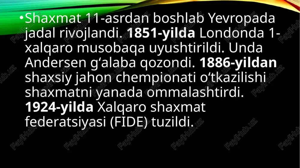 a raqib shohiga mot e'lon qilish voki kuchlarda hal qiluvchi ustunlikka erishish hisoblanadi. mittelshpilda raqib fikrini payqashga harakat qilish va o‘z o‘yin rejasini tuzish zarur. o‘yin rejasi bu yaqin 3—4 yurishdagi harakatlar hisoblanadi. agarda raqib hujum uyushtirmoqchiligini ko'rsangiz, himoyalanish harakatlarini amalga oshirish zarur. endshpil endshpil — shaxmat partiyasining yakunlovchi qismi, endshpilning asosiy vazifasi piyodani farzinga aylantirishgacha olib borish hisoblanadi. shundan keyin raqib shohiga mot qilish oson bo‘ladi. image2.png image3.jpeg image4.jpeg image5.jpeg image6.jpeg image7.jpeg image8.jpeg image9.jpeg image10.jpeg image11.jpeg image12.jpeg image13.jpeg image14.jpeg image15.jpeg image16.jpeg image17.jpeg image18.jpeg image19.jpeg image20.jpeg image1.png /docprops/thumbnail.jpeg shaxmat sabogiar] “shaxmal“serrlt olam™