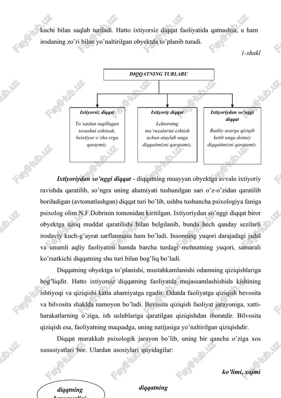 gilanadi. diqqatning barqarorligi diqqat qaratiladigan obyektlarning xususiyatlariga va diqqati yo’naltirilgan shaxsning faolligiga bog’liq bo’lib, u diqqatning o’z obyektiga kuchli yo’naltirilishi va faol to’planishidan iborat ijobiy xususiyatdir. diqqatning ko’lami, xajmi uning taqsimlanish xususiyati bilan belgilanib, ayni bir vaqtning o’zida aniq-ravshan idrok etiladigan obyektlar soni bilan tavsiflanadi. diqqatning obyektlari o’rtasida kanchalik yaqin bog’lanishlar mavjud bo’lsa, uning xajmi shunchalik keng bo’ladi va aksincha. diqqatning taqsimlanishi - ikki va undan ortiq faoliyat turlarining ayni bir vaqtning o’zida muvaffaqiyatli bajarish imkoniyati bilan bog’lik xususiyatidir. diqqatning taqsimlanishi murakkab faoliyat jarayonini amalga oshirishda alohida axamiyatga ega. diqqatning ko’chishi subyektning bir faoliyatdan ikkinchi faoliyatga, bir obyektdan ikkinchi obyektga, bir harakatdan ikkinchi harakatga ataylab o’tishida namoyon bo’lib, bunda ko’chish to’liq yoki chala bo’lishi mumkin. diqqatning bo’linishi uning ko’chishidan farqli o’larok ixtiyorsiz tarzda bo’ladi. diqqatning bo’linishi shaxsning asosiy faoliyatini muvaffaqiyatli amalga oshirish uchun ahamiyatsiz bo’lgan obyektga ko’chishida namoyon bo’ladi. diqqatni obyektga qarata olmaslik va yunaltira olmaslik bilan bog’liq salbiy xususiyatlar, …