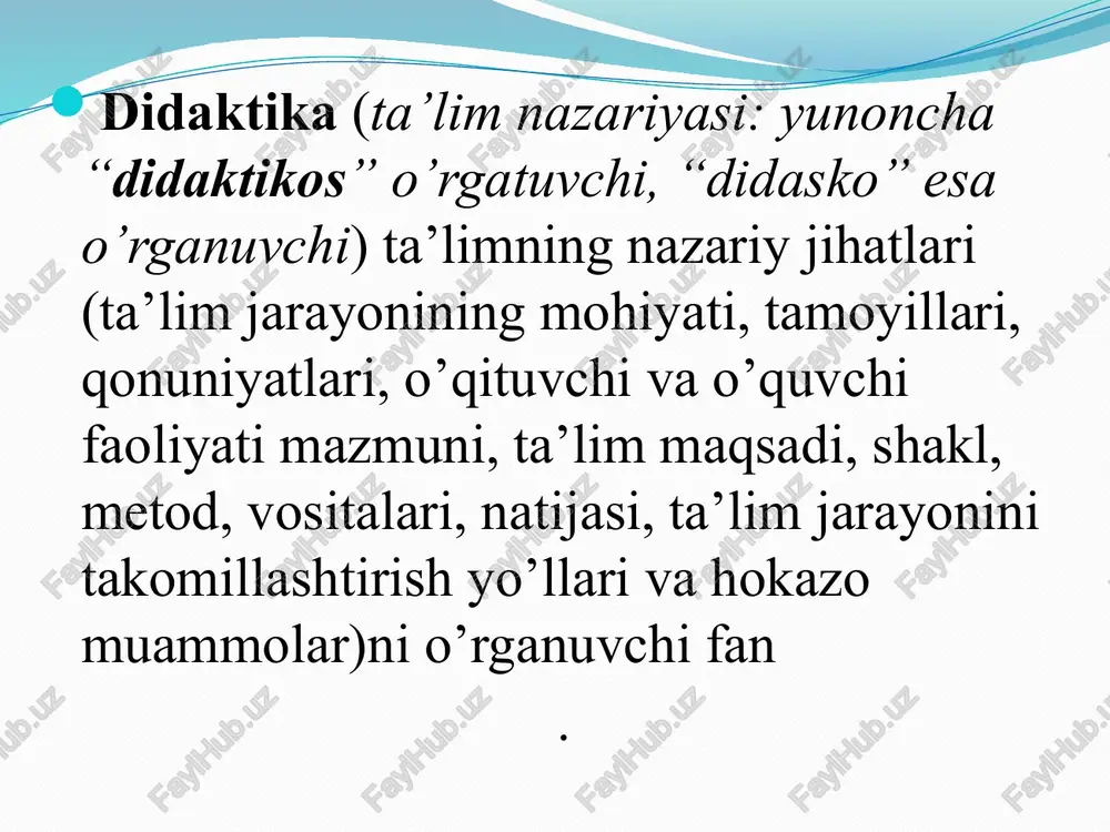 tual jadval № tushuncha tushunchaning mazmuni tushunchaning ta’lim tizimidagi mohiyati 1 qonuniyat “qonuniyat” tushunchasi orqali ob’ektiv hodisalar o’rtasidagi bog’lanishlar va ularga xos bo’lgan qonunlar ifodalanadi. ta’lim qonuniyatlari ta’lim jarayonining tarkibiy qismlari o’rtasidagi o’zaro bog’lanishlar va ularga xos bo’lgan qonunlarni anglatishga xizmat qiladi. 2 tamoyil printsip (lotincha “asos”, “birinchi”, ”ibtido”) hatti harakatning birinchi ibtidosi, rahbar g’oyasi, asosiy qoidasi. 1. nazariya, ta’limot, fan va shu kabilarning asosiy qonun qoidasi; faoliyat uchun asos qilib olingan qonun –qoida. 2/ kishi og’ishmay amal qiladigan qoida, nuqtai nazar, qarash, maslak. ta’lim tamoyillari ta’lim nazariyasining asosiy yetakchi qoidalari bo’lib, o’qitish asosidagi ta’lim va uni tashkil etish jarayonini tashkil etish mazmuni, shakli, metodi, vositalari tanlanishini belgilaydigan boshlang’ich asoslar hisoblanadi. konseptual jadval ta’lim qonuniyatlari va tamoyillari ta’lim qonuniyatlari – ta’lim jarayonida ro’y beradigan hodisalar o’rtasidagi o’zaro bog’lanishlar, ularning mohiyatini ifodalovchi shart-sharoit, asos. ta’lim tamoyillari ta’lim nazariyasining asosiy yetakchi qoidalari bo’lib, o’qitish asosidagi ta’lim va uni tashkil etish jarayonini tashkil …