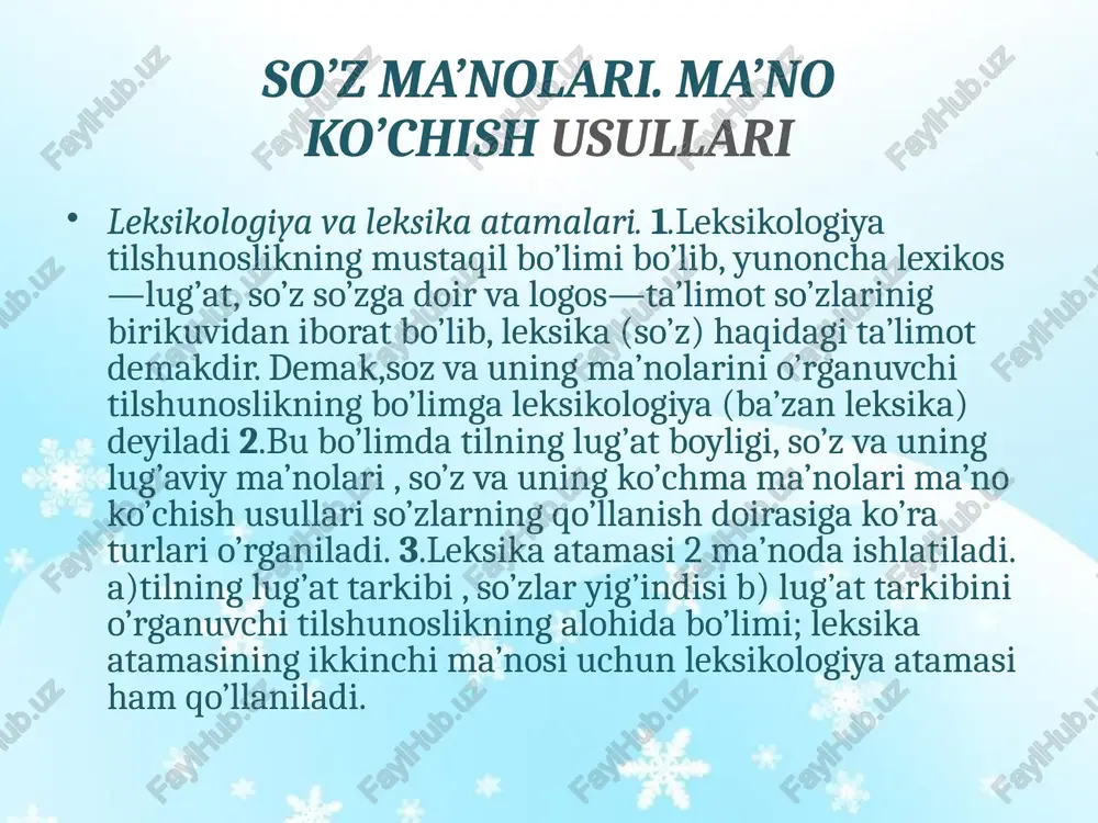 li asosda bo’lishi mumkin. a) ikki predmet o’rtasidagi shakliy o’xshashlik; m: odam qulog’i—qozon qulog’i b)ikki predmet qayerda joylashishi bo’yicha o’xshashlik m: itning dumi ---- samolyotning dumi 5. formula: mavhum ot + aniq ot shaklidagi ko’chma ma’noli birikmalar ham,odatda, metaforani yuzaga keltiradi. m:hayot ostonasi,visol uyi sabr kosasi, ishq bog’i, hayo ko’chasi, hasad o’ti, takabburlik libosi, g’amza o’qi bular adabiyotshunoslikda istiora deb nomlanadi. 6.ba’zan kishi ismlari metafora usulida ko’chishi mumkin. m: yo’lbars, bo’riboy, qoplonbek, lochin, gulchehra, feruza, yoqutoy, asalxon, arslon, charos, ozoda… 7.metaforalarga juda yaqin bir vosita “o’xshatishlar” bo’lib,ular yordamida shaxs,predmet bir biriga o’xshatiladi,qiyos qilinadi. –day; -dek; go’yo, yanglig’, singari, xuddi kabi o’xshatish vositalaridan ham foydalaniladi. m: ulug’bek — misoli oftob nutq jarayonida metaforadan o’rinli foydalanish nutqimizni ta’sirchan, jozibali qiladi. so’zlovchining badiiy-estetik qobilyatini namoyon etadi. metonimiya haqida tushuncha metonimiya yunoncha qayta nomlash demakdir. 2.narsa va hodisalar o’rtasida makon va zamondagi o’zaro aloqadorlik asosida birining nomi ikkinchisiga ko’chishi metonimiya deyiladi. m: fuzuliyni oldim …
