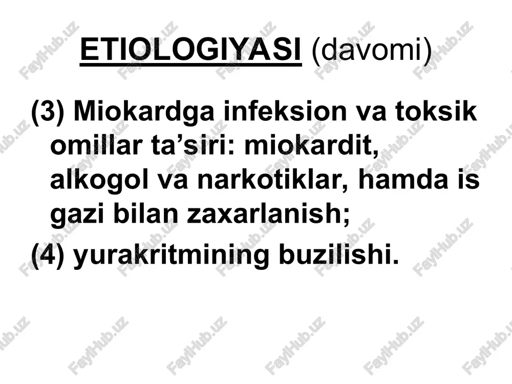 an kechadigan kasalliklar (tireotoksikoz, vegetativ disfunksiya, anemiya) bilan o’tkaziladi. 7. davosi syueni sifatli davolash asosida yurak-tomir tizimi zo’riqishini kamaytiruvchi tadbirlarni hamda miokardga va kasallik patogenezining turli qismlariga ta’sir etuvchi dorilarni qo’llash yotadi. (1) umumiy chora. (2) parxez. (3) dorilar bilan davolash (farmakoterapiya). miokardning qisqarish faoliyatini va yurak tepkisida haydalayotgan qon miqdorini oshirish maqsadida kardiotonik vositalar qo’llaniladi: yurak glikozidlari. diuretiklar. syueni davolashda dori vositalari yetarli samara ko’rsatmasa, ultrafiltrasiya usuli bilan qon zardobidan suv va natriy ajratib olinadi, natijada gemodinamika ko’rsatkichlari yaxshilanadi: vena bosimi pasayadi, yurakka kelayotgan qon hajmi kamayadi. 9. profilaktikasi syuening oldini olish asosiy kasallikning oldini olishga va davolashga, kasb tanlashga – mos ishga joylashishiga bog’liq. syueni muntazam ravishda davolash yurak yetishmovchiligi rivojlanishining oldini oladi.