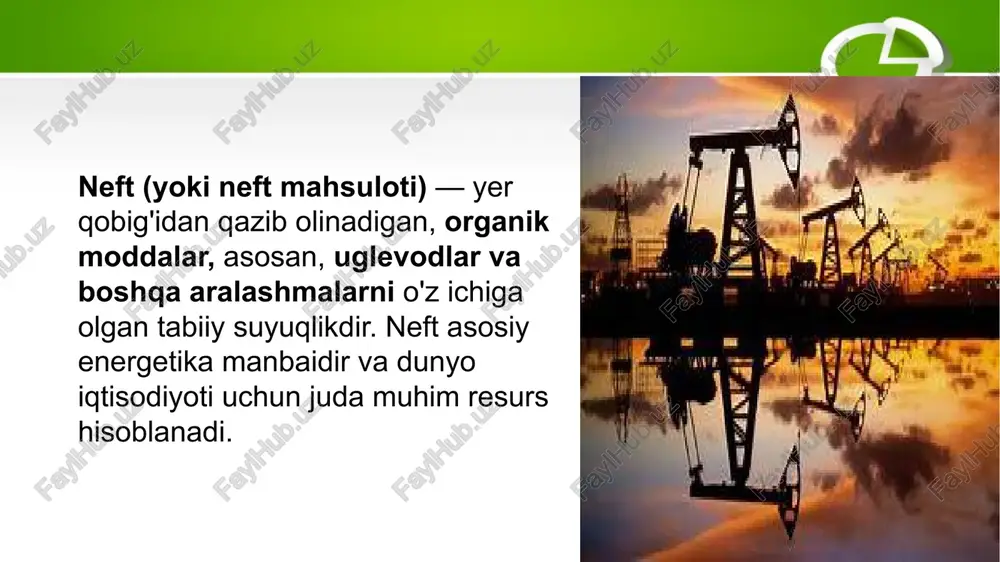 o'tkazuvchanligi yuqori bo‘lgan metall, elektr simlari va elektronika sanoatida keng qo‘llaniladi. aluminiy (al): yengil va mustahkam metall bo‘lib, aerokosmik sanoat, avtomobil sanoati va qurilishda ishlatiladi. rux (zn): ko‘pincha temirni korroziyadan himoya qilish uchun ishlatiladi. o'zbekistonda metallar: o‘zbekistonda ko‘plab metall rudalari mavjud. asosan quyidagi metallarni qazib olish va ishlatish yo‘lga qo‘yilgan: oltin: o‘zbekistonda oltin zaxiralari katta bo‘lib, zarafshon va muruntov kabi oltin konlari mavjud. uran: o‘zbekiston uran qazib olishda jahon yetakchilaridan biridir. mis: misning zaxiralari va ishlab chiqarish korxonalari mavjud. qizil temir rudasi: o‘zbekistonda temir rudasi zaxiralari ham bor, bu temir va po‘lat ishlab chiqarishda foydalaniladi. tugamaydigan resurslar tugamaydigan resurslar - bu cheklangan miqdorda bo'lmagan va doimiy ravishda qayta tiklanadigan resurslardir. masalan: quyosh energiyasi: cheksiz energiya manbai hisoblanadi. shamol energiyasi: toza va cheksiz energiya manbai. geotermal energiya: yer ichki qatlamlaridan olinadigan energiya manbai. gidrogeneratsiya: suv orqali energiya ishlab chiqarish. quyosh energiyasi — bu quyoshdan keladigan nurlar va issiqlik energiyasini foydalanishga imkon …