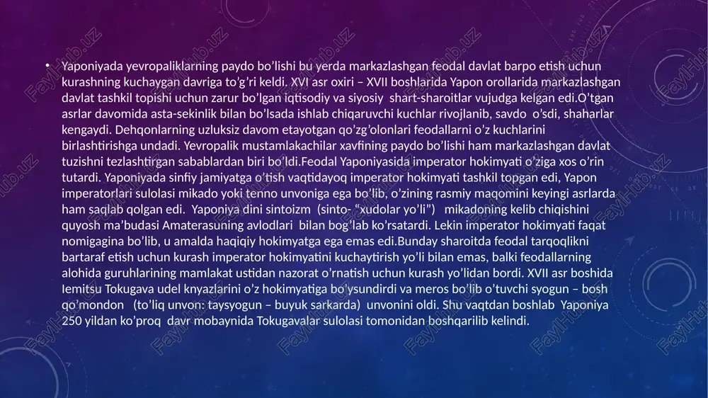 lashtirish tadbirlari, o’zaro feodal urushlarning to’xtaganligi dastlabki davrda ishlab chiqaruvchi kuchlarning rivojlanishiga ko’maklashd xviii asr o’rtalariga kelib yaponiyada iqtisodiy turg’unlik kuchayib, qishloq xo’jaligida inqiroz yuz berdi. mustabid tartiblar, hokimyat va samuraylarning o’zboshimchaligi, tsex reglamentatsiyalari hunarmandchilik va manufaktura sanoatining rivojlanishiga to’siq bo’la boshladi. feodallarning o’zboshimchaligi va dehqonlarni asoratga solish kuchayib bordi. soliqlar bir necha yil oldindan undirib olinardi. dehqonlar ommasi juda tez xonavayron bo’lib bordi. bu dehqonlarning yirik qo’zg’olonlarini keltirib chiqardi. yaponiyada dehqonlar qo’zg’olonlari xviii asrda va xix asr boshlarida keng yoyildi. xviii asr oxiridan shahar kambag’allarining feodallarga qarshi chiqishlari ham ro’y bera boshladi. osaka aholisi 1787 yilda guruch narxining juda oshib ketishiga qarshi qo’zg’olon ko’tardilar. keyinchalik “guruch isyonlari” yaponiyaning boshqa shaharlarini ham qamrab oldi. sinfiy kurashning keskinlashib borishi tokugava tartibotining inqirozini ko’rsatar edi. g’arbiy yevropada va shimoliy amerikada sanoat kapitalizmi g’alaba qozonib va mustahkamlangan bir paytda yaponiyadagi feodal tizim o’zining chuqur ichki inqirozini boshdan kechirmoqda edi. mamlakatni “yopib qo’yish” siyosatining …