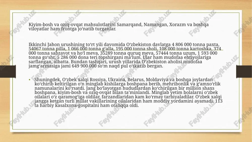 or kurashdi. ulardan bir necha yuz ming kishi halok boʻldi va jarohatlandi. bevosita janglarda 27 mln.kishining yostigʻi qurigan, boshqa talafotlarni ham qoʻshganda 30 mln. kishi nobud boʻlgan ikkinchi jahon urushi oʻzbek xalqiga ham beqiyos katta talofat keltirdi. minglab ayollar beva va bolalar yetim boʻlib qoldilar. ota-onalar farzandlari dogʻida qaygʻu-alam bilan bu dunyodan koʻz yumdilar. bu maʼlumotlar botir jangchilar, sabrli oʻzbek xalqi ikkinchi jahon urushida yuksak jasorat koʻrsatganligidan dalolat beradi. e’tiboringiz uchun raxmat image5.png image6.png image7.jpeg image8.jpeg image9.jpeg image10.jpeg image11.jpeg image12.jpeg image13.jpeg image14.jpeg image15.jpeg image16.jpeg image17.jpeg image18.jpeg image3.png image4.png /docprops/thumbnail.jpeg ermiz davlat universitet, rik fakulteti ht kurs 320 gruh been: bahodirova sabrina ning ofzbckiston tarixi fanidan tayyorlagan tagdimor ishi