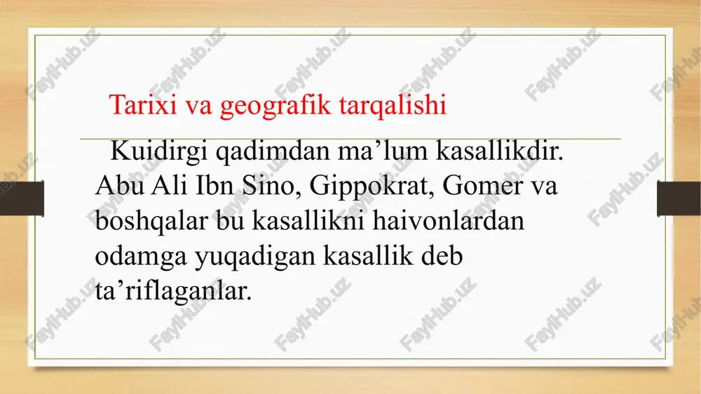 kasallikka qarshi emlash. 3. bu punktlarda soʻgʻlomlashtiruvchi meliorativ va agrotexniklar choralarini o’tkazish, suv havzalarini ifloslanishdan tashlanish. quturish (gidrofobiya) – issikaqqonli haivonlarda uchraydigan, neyrotrop virus qo’zg’atadigan, kasallangan hayvonning so’lagi bilan muloqot qilishi bilan (tishlashi, tirnashi, sulaklashi va boshka muloqotlar) yuqadigan, markaziy asabiy sistema chuqur shkastlari bilan yuqadigan va bugungi kunda o’lim bilan yakun topadigan og’ir zooantroponoz, tabiiy o’choqli o’ta havfli yuqumli kasallikdir. kht bo’yicha shifri: a 82 quturish muammosi jsstning ma'lumotiga ko’ra, dunyoda har yili 40 mingdan 70 mingacha odam quturish kasalligidan vafot etadi dunyo bo’yicha har yili 10 mln.dan ortiq odam hayvonlar tishlashidan jabrlanib, antirabik yordamga murojaat qiladi, har 15 daqiqada 1 odam quturish kasalligidan vafot etadi. johon sog’liqni saqlash tashkiloti va halqaro epizootik byurosi tomonidan 28 sentyabr – butun jahon quturishga qarshi kurash kuni deb e'lon qilingan 28 sentyabr – butun jahon quturishga qarshi kurash kuni deb e'lon qilingan respublikada quturish kasalligining ko'p yillik ma'lumoti (1974-2012 y.) (mutloq sonda) …