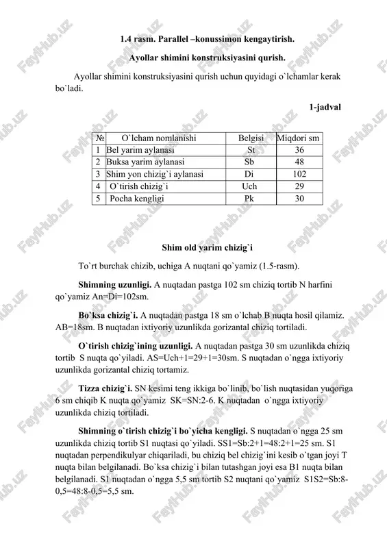 ab, bartaraf etish buyumni odam gavdasiga moslash va kiyim yakka tartibda tayyorlangan holda, buyurtmachining talablarini qondirish maqsadida, buyumning birlamchi namunasi odatda, ikki marta qomatga kiydirib ko‘riladi. birinchn kiydirib ko‘rish. o‘rnashuvi tekshiriladigan buyum qomatga kiydiriladi, model bo‘yicha mo‘ljallangan yelka yostiqchalari joylariga qo‘yiladi. taqilma hosil qilinib,chiziqlari ustma-ust tushiriladi. ayollar buyumida o‘ng tomon chap tomonning ustiga qo‘yiladi (taqilma o‘ngdan chapga), bel chiziqlarining sathida to‘g‘nag‘ichlar qadaladi. rasm- shum detallari andaza joylashtirish rasm- shum detallari tikish rasm- umumiy ko’rinishi buyumning o‘rta chizig‘i qomatning o‘rta chizigi bilan ustma-ust tushib, qat’iy vertikal holatda joylanishi kerak. buyum-ning o‘rta chizig‘i vsrtikaldan oggan holda, kog‘tstrukiiyada xatolarga yo‘l qo‘yilgan bo‘ladi. buyumning orqa o‘rta chizig‘i qomat orqasining o‘rta chizig‘i bilan ustma-ust tushiriladi. odam gavdasiga kiydirilgan buyum sinchiklab ko‘riladi. uning qomatda o‘rnashuviga, uzunligiga, kengligiga, umumiy shakliga, ayrim detallarning o‘lchamlariga, ularning o‘zaro bog‘lanishi va nisbatlariga, ulardan tashqari vitachkalar, cho‘ntaklar, bo‘rtma choklar va boshqa konstruktiv chiziqlar o‘rniga va shakliga alohila e’tibor beriladi. ko‘rish natijalari tahlil …