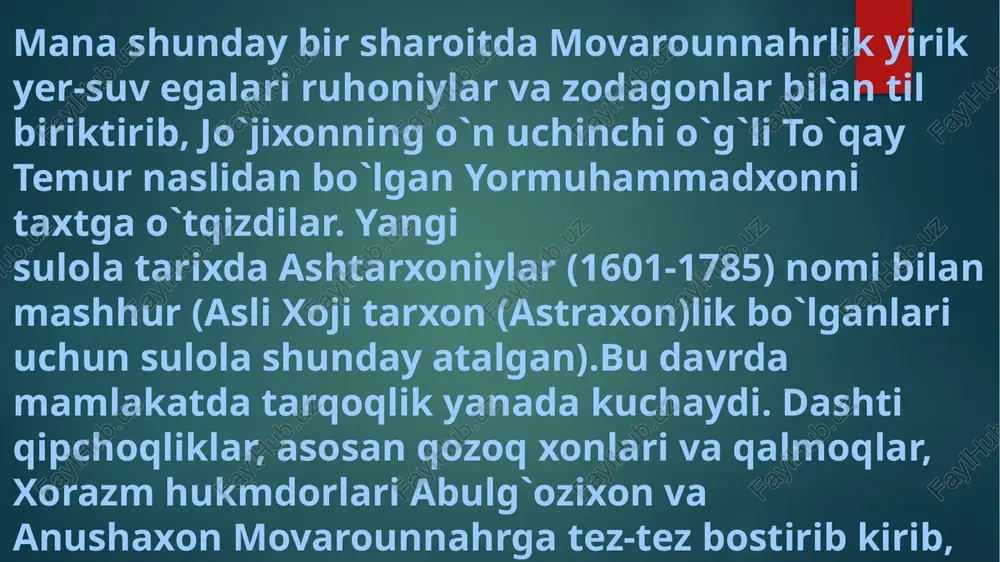 i tarokima” va “shajarai turk”, “manofe'ul-inson” (“inson uchun foydali tadbirlar”) kabi tarixiy badily hamda tabiblikka oid nodir asarlar yordi. bu asarlar abu-rayhon beruniy nomidagi sharqshunoslik institutining qo’lvozmalar fohdida inv. no7668 (“shajarai turk”), inv. no1223(“shajarai tarokima”), inv. ne4017 (“manofe'ul- inson”) raqamlari ostida saqlanmoqda abulg’oziy bahodirxonning, «shajarai tarokima» asari yarim afsonaviy xususiyatga ega'bo’lsa-da, mahalliy xalqlarning kelib chiqishi ¥a ularning qadimiy tarixiga oid muhim ma'lumot bera “4 oluvchi noyob yodgorliklardan biridir. shu bois ham asar xvi - xvii asrlar tarixini tekshirish ya 6’rgahishda ishonchli, muhifntatixiy manba sifatida hozirgacha ham 0'2 ilmiy ahamiyatini yo’qotgani yo’q. xix asrning oxiri-xx asrning boshlarida abulg’oziyxonning bu asari rus tiliga tarjima qilingan va 1898-1906 yillar orasida bir necha bor nashr etilgan. adabiyotshunos h.xudoynazarov va boshqa tarixchi olimlarning irofiga ko’ra, bu asar rossiya oliy o’quv yurtlarida sharq xalqlari tarixi va tilini o’qitishda ham ijobiy ta'sir etgan. 1810-yilda xonning toshkentdaligidan foydalanib, «olimxon toshkentda o'ldi», degan mish-mishlar tarqatishadi. taxtga uning ukasi umarxonni …