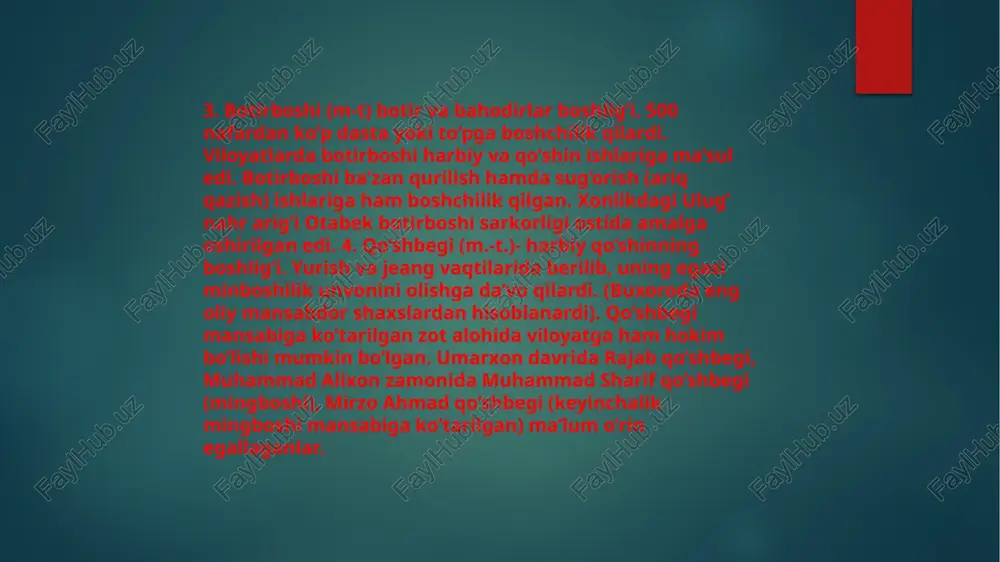 tanhodor” nomini olardi. tanhodorlik huquqi muayyon muddatga berilib, bir umrga ham berilishi ham mumkin edi. “tanho”-to’g’ridan-to’g’ri meros qolmasdi. tanhodorning o’g’li borisi otasining vazifasiga o’tsagina bu mulk o’g’liga o’tardi. ba’zan muayyan mulkning yer, ariq, anhor, 14 qishloq xiroji yoki tanobona solig’i harbiy kishiga xizmati evaziga berilardi. bu mulkning shakli “tarxon” bo’lib, egasi shu soliqlarni olardi olimxon davrida 1809 yili toshketga yurish qilindi va xon farmoni bilan qo’qon lashkarlari chimkent va sayramga zakot olishga yuborildi. lekin olimxon bu yurishdan kelgan boy “o’lja” ga bir o’zi sohiblik qilmoqchi edi, lashkar norozi bo’lib, undan yuz o’girdi va amir umarxon tarafiga o’tib oldi.2 qo’qon xonligi bilan buxoro o’rtasida joylashgan jizzax, o’ratepa ikki tarafdan ham harbiy yurishlarni dxoimiy nishoniga aylanib qolgan edilar. birgina amir umarxon davrida o’ratepaga qarshi “o’lja” niyati uchun 16 marta qo’shin tortilgani manbalardan ma’lum. image6.jpg image7.jpeg image8.jpg image9.jpeg image10.jpeg image11.png image12.jpeg image13.png image14.jpg image15.jpg image16.jpg image2.png image3.png image4.png image5.png koning /docprops/thumbnail.jpeg