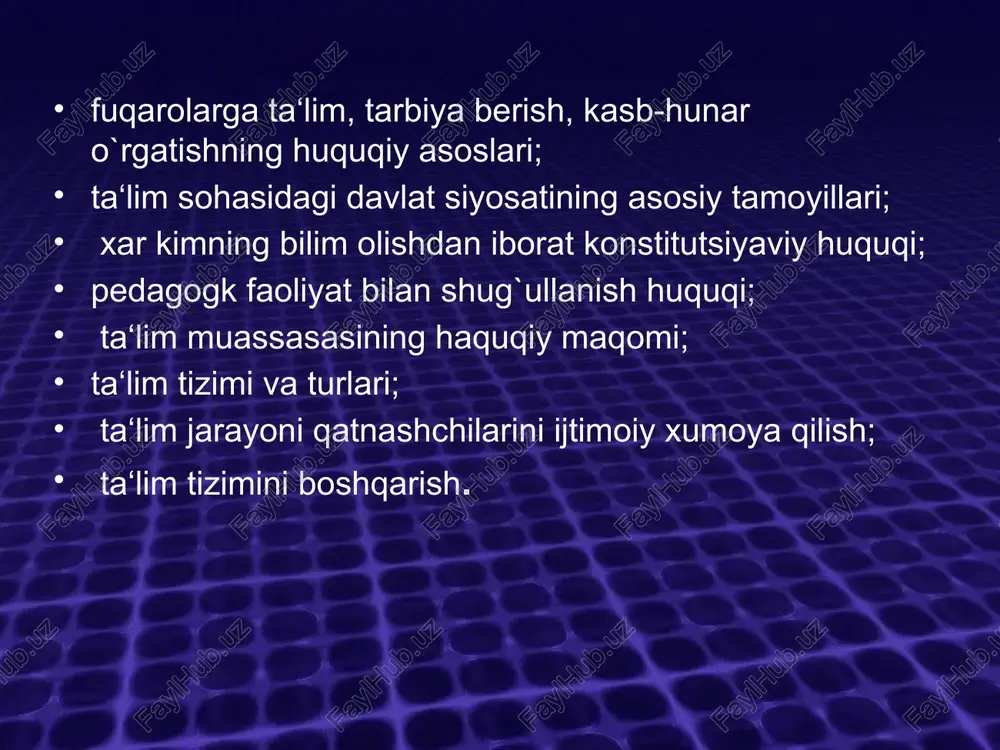 oshgacha bo`lgan bolalarni tarbiyalashga xizmat qiladi; -boshlang`ich maktablar (1-8-sinflar) – 6 yoshdan 13 yoshgacha bo`lgan bolalar ta‘lim oladilar; -o`rta maktablar (9-12-sinflar) – 14 yoshdan 17 yoshgacha bo`lgan bolalarning ta‘lim olishlari uchun imkoniyat yaratadi. o`rta maktab quyi va yuqori bosqichdan iborat. -oliy ta‘lim - 2 yoki 4 yil mobaynida kollejlar hamda universitetlarda amalga oshiriladi. -universitetlar va boshqa oliy o`quv yurtlari tarkibida tashkil etiladigan aspirantura va doktoranturadir. . aqshda majburiy ta‘lim 16 yoshgacha amal qiladi. mamlakatda faoliyat yuritayotgan o`quv yurtlari davlat, jamoa, xususiy tasarruflar hamda diniy muassasalarga tegishli bo`lishi mumkin. amerika qo`shma shtatlarining maktablari uchun yagona o`quv rejasi yo`q. xar bir shtat o`z o`quv rejasiga ega. shunga ko`ra shtatlarda boshlang`ich ta‘lim 4, 5, 6 va 8 yillik bo`lishi mumkin. ii. yaponiya ta‘lim tizimi o`z ichiga maktabgacha tarbiya muassasalari, boshlang`ich maktablar, yuqori o`rta maktablar hamda oliy ta‘lim beradigan universitetlarni oladi. bolalar bog`chalariga bolalar 3-5 yoshlarida boradilar va 3, 2, 1 yillik ta‘lim kurslariga …