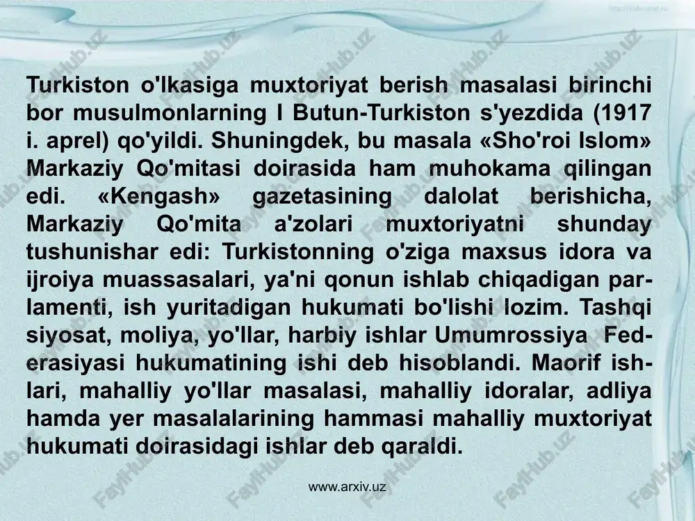 dagi ziddiyatlar milliy ozodlik kuchlari safida parchalanishga olib keldi. tashkiliy jihatdan bu xol 1917 yil iyun oyining o'rtalarida «sho'roi islom» tashkilotidan ajralib chiqib, «sho'roi ulamo» jamiyati tuzilishida ifoda­landi. «sho'roi ulamo» jamiyati a'zolari ruhoniyat tarafdorlari bo'lib maydonga chiqdilar. ular o'z g'oyalarini targ'ibot qilish uchun «al-izoh» jurnalini chiqara boshladilar. jurnal noshiri va muharriri abdumalik hoji nabiyev bo'lib, uning birinchi soni 1917 yil 19 iyunda chiqqan edi. jurnal sahifalarida asosan diniy masalalarga ko'proq, e'tibor berilib, ahloq, madaniyat, ijtimoiy hayot ruhoniyat nuqtai nazaridan targ'ibot qilindi. www.arxiv.uz 1917 yil kuzida davom etayotgan imperialistik urush natijasida mamlakatda ocharchilik, ishsizlik avj oldi, iqtisodning tanazzuli yanada chuqur­lashdi. bu esa o'z navbatida mehnatkash ommaning noroziligini kuchaytirdi hamda markaz va joylarda hokimiyatning inqiroziga olib keldi. bunday vaziyatdan foydalangan toshkent ishchi va soldat deputatlari soveti (tashsovet)ga kirgan bolsheviklar «butun hokimiyat sovetlarga» degan shiorni ko'tarib chiqdilar va tezda inqilobiy qo'mita tashkil qilishni taklif etdilar. biroq, mahalliy milliy tashkilotlar boshqa fikrda edilar. markaziy …