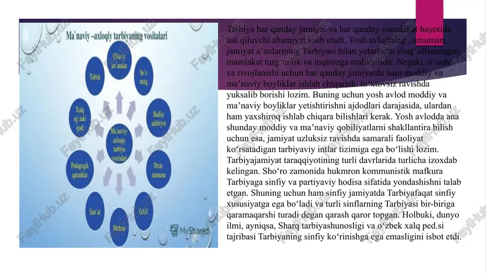 haqida qonun qabul qilingan milliy dastur ham mohiyat e’tibori bilan shu maqsadni amalga oshirishga qaratilgan. tarbiya jarayoni deganda nimani tushunamiz? tarbiya jarayonining mohiyati shu jarayon uchun xarakterli bo’lgan va muayyan qonuniyatlarda namoyon bo’ladigan ichki aloqa va munosabatlarni aks ettiradi. tarbiya jarayoni shaxsni maqsadga muvofiq takomillashtirish uchun uyushtiriladi va tarbiyalanuvchining shaxsiga muntazam va tizimli ta’sir etish imkoniyatini beradi. tarbiya jarayoni o’zaro bog’liq ikki faoliyatni - o’qituvchi va o’quvchi faoliyatini o’z ichiga oladi. tarbiya jarayonida o’quvchining ongi shakllana boradi, his-tuyg’ulari va turli qobiliyatlari rivojlanadi, g’oyaviy, axloqiy, irodaviy, estetik xislatlari shakllanadi, tabiatga, jamiyatga ilmiy qarashlar tizimi tarkib topadi, jismoniy kuch-quvvatlari mustahkamlanadi. tarbiya jarayonida o’quvchida jamiyatning shaxsga qo’yadigan axloqiy talablariga muvofiq keladigan xulqiy malaka va odatlar hosil qilinadi. tarbiya qonuniyatlari va tamoyillari ta’limdan farqli ravishda u bola tug’ilganidan boshlanadi, maktab yillarida, undan keyin va butun umr bo’yi davom etadi. tarbiyaning ta’limdan farqlantiruvchi yana bir xususiyati shundaki, u yaxlit holda va konsentrik asosda amalga oshiriladi. …