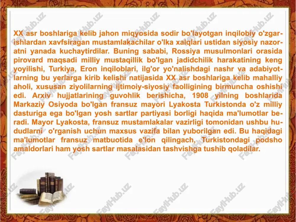 ulla avloniy, sadriddin ayniy, fayzulla xo'jayev, toshpo'latbek norbo'tabekov, abdurauf fitrat va boshqalarning xizmatlari beqiyos bo'ldi. turkiston o'lkasidagi dastlabki taraqqiyparvar jamiyatlar, tadqiq etilgan manbalar bergan ma'lumotlarga ko'ra, 1905-1907 yilgi birinchi rus inqilobidan so'ng, eron va turkiyadagi ijtimoiy-siyosiy harakatlar ta'sirida vujudga kelgan. osiyo mamlakatlaridagi inqilobiy harakatlar, musulmon dunyosidagi, xususan, turkistondagi ijtimoiy-siyosiy va diniy fikrlarning taraqqiyotida muhim bosqich bo'lib xizmat qildi. 1904-1905 yillardagi rus-yapon urushida rossiyaning mag'lubiyati imperiyadagi barcha ezilgan xalqlar oldida mustabid podsho tuzumi obro'sini keskin tushishiga olib keldi. bu esa siyosiy fikrlar rivojiga turtki berib, milliy ozodlikka erishish orzularini ushalishiga ishonch uy g'otdi. sharqdagi inqiloblar va o'lkaga u yerlardan kirib kelgan turli xil g'oyaviy oqimlar bu yerlardagi muxolif kuchlarning birlashishi, milliy-siyosiy tashkilotlar holiga kelishi va rivojlanishi uchun muhim omil bo'lib xizmat qildi. umumiy diniy va milliy maqsadlar yo'lidagi mushtaraklik rossiyaning ilg'or musulmon ziyolilarini yagona g'oya tevaragida jipslashishga chorladi. va nihoyat, 1905 yilning 15 avgustida nijniy novgorodda rossiya musul­mon­larining i s'yezdi chaqirildi. …