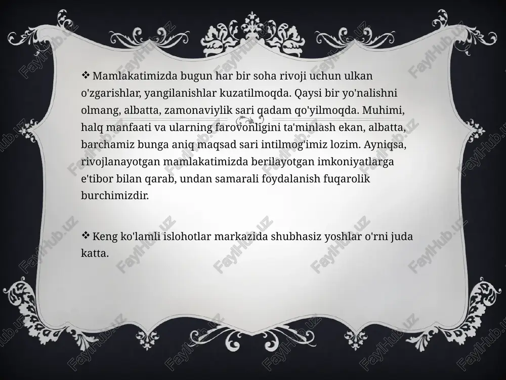 ech qachon, hech kimga qaram bo‘lmaydi. t., “o‘zbekiston”, 2005, 153- bet). biz shunga shohidmizki, milliy qadriyatlarimiz, urf- odat va an’analarimiz qayta tiklanib, yanada rivojlanmoqda. bu esa jamlyatimizda o‘tkazilayotgan demokratik islohotlar muvaf- faqiyatli amalga oshishiga yordam bermoqda. biz har_bir milliy an’‘analarimiz ichida o’ziga urf-odatimiz bor. eee xursandchilik marosimlari = “suyunchi” chaqaloqni beshikka solish, beshik to’yi, sunnat tuyi, qiz uzatish, kelin tushishi va xokazo. jbular bizning an‘ana , urf- odatlarimiz mazmunida bolalar tarbiyasiga xos hususiyatlar talay. 44m: ertalab turib salom berish .ota-ona lardan biron narsa so’ramasdan olish. ma’‘lumki, madaniyat, ma’-rifat, tarixiy xotira, milliy, ma’navi qadriyat, milliy til, an’ana, urf-odat - bular xalqning o‘zligini ko'rsatuvchi eng muhim omillardir. e umuman olganda, ma’naviy meros, milliy qadriyatlar ma‘na-viya rivojining, uzoq davrlar mobaynida tarkib topgan inson aql- zakovatining mujassam-lashgan ifodasidir. har bir xalq o‘ziga xos uzoq tarixiy davrni bosib osa milliy qadriyatlariga, ma’naviy merosiga ega. shu o’rinda ilk ajdodlarimiz-ning manzilgohlari hozirgi ete one, toshkent, surxon-daryo va …