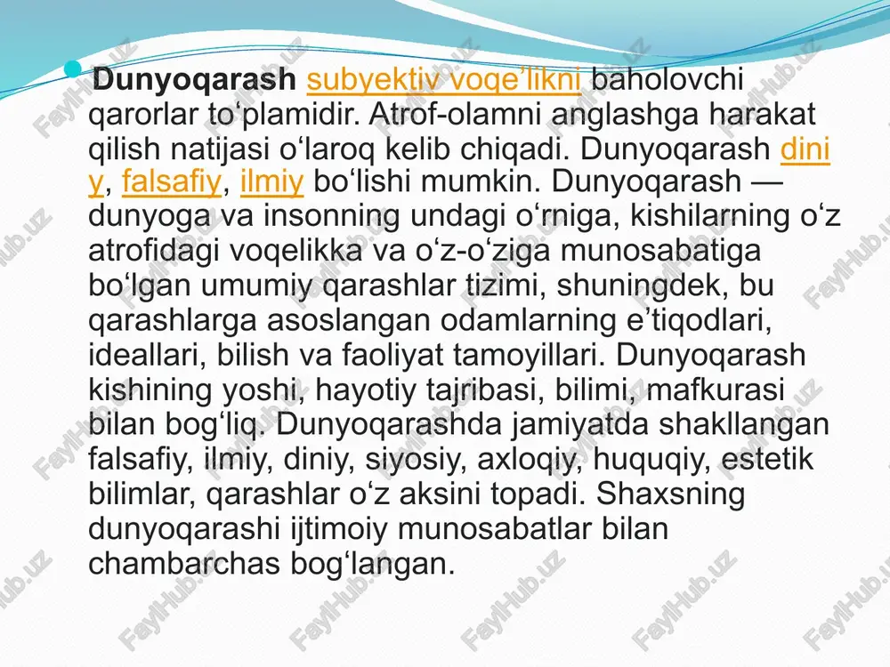 iyning 920 yilligi (1995-yil)y najmiddin kubroning 850 yilligi, bahouddin naqshbandning 675 yilligi (1993-yil) va xoja ahrori valiyning 600 yilligi keng ko lamda nishonlanishi yurtimizda iymon, din-u diyonat qaytadan yuksalayotganiga yorqin dalil bo idi. bu aziz va mukarram zotlaming bebaho asarlari qayta chop etildi, nomlari abadiylashtirildi. georg vilgelm fridrix gegel (1770-2831) _ nemis falsafasi 0z rivojining wea _ choqqisiga gegel “ — .ijedida erishdi. ; gegel dialektikaning gonunlari va kategoriyalari haqidagi ta’limotni oe” rivojlantirdi. ‘abu nasr forobiy moiy-falsafiy fikr taraqqiyoti mutafakkir abu nasr forobiy nomi bilan chambarchas —_bog'liqdir. allomaning inson kamoloti hagidagi ling ta'lim-tarbiya sohasi ja katta ahamiyatga ega. mashhur yunon faydasufi arastudan keyin sharqda o’z bilimi, fikr doirasining kengligi bilan nom chigargan forobiyni ulug’ tafakkir - «muallimi soniy» -«lkkinchi oe deb ataydilar. e’tiboringiz uchun rahmat!