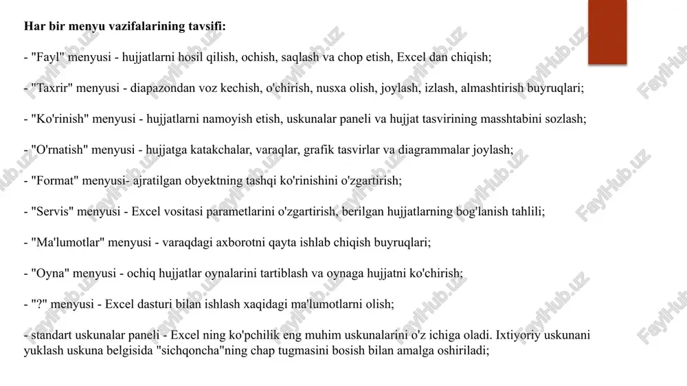 h, so'ngra enterni bosish kerak (klaviaturadan kiritilgan ma'lumotlar hamma yacheyka oraliqlarida paydo bo'ladi). ma'lumotlarni formula satri orqali yacheykaga kiritish uchun esa klaviaturada terish va formula satrida kiritish lozim. kiritilganlarni bekor qilish (enter bosilgunga qadar) esc tugmasi bilan amalga oshiriladi. kiritilganlarni bekor qilish (enter bosilgandan keyin) "to'g'rilash" menyusi yoki ctrl+z bilan amalga oshiriladi. yacheykalar oralig'idagi ma'lumotlarni tahrirlash uchun ishchi varag'ida yacheykalar oralig'ini ajratib, yangi ma'lumotlarni kiritib, so'ng enter ni bosish lozim. yacheykalarni nusxalash uchun nusxalanishi kerak bo'lgan yacheykalarni ajratib, "tuzatish" menyusidan "nusxalash" tugmasini bosish kerak. yacheykalar intervalini ajratish va ctrlqc ni bosib ta'kidlash, katakcha intervalining nusxasi qo'shimcha varaqda saqlanadi. katakchalar intervalining nusxasini qo'yish uchun: 1. katak intervalining nusxasi qo'yiladigan katakni ajratish, "tuzatish" menyusida "qo'yish" buyrug'ini tanlash yoki 2. katakni ajratib, "qo'yish" buyrug'ini tanlab, "sichqoncha"ning chap tugmasi bosiladi yoki 3. katakni ajratib, uskunalar panelida "qo'yish" tugmasi bosiladi yoki 4. katakni ajratib, ctrl+u ni bosiladi. g) ta'kidlash: katak oralig'ini o'zgartirish amalining oxirida nusxalash …