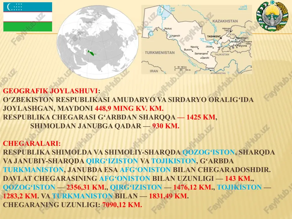 malarni rivojlanishiga ko‘maklashish; - xorijdagi o‘zbekiston respublikasi fuqarolari va yuridik shaxslari huquq va manfaatlarining har tomonlama himoya qilinishini ta’minlash; - xorijda istiqomat qilayotgan vatandoshlar bilan aloqalarni mustahkamlash. tashqi siyosatimizning bosh ustuvor yo‘nalishi markaziy osiyo mintaqasidir. o‘zbekistonning markaziy osiyodagi siyosati mintaqada tinchlik va barqarorlikni ta’minlashga, mintaqaviy xavfsizlikning muhim muammolarini hal etishga, shu jumladan, afg‘onistondagi vaziyatni hal qilishga ko‘maklashishga qaratilgan. o‘zbekiston mintaqaviy savdo-iqtisodiy hamkorlikni mustahkamlash, mintaqaning transport va tranzit infratuzilmasini rivojlantirish, markaziy osiyo transchegaraviy daryolarining suv-energetika resurslaridan oqilona va kompleks foydalanish hamda mintaqaning ekologik barqarorligini ta’minlash, chegaralarni delimitatsiya va demarkatsiya qilish jarayonini yakuniga yetkazish uchun barcha sa’y-harakatlarni amalga oshiradi. o‘zbekiston mintaqa davlatlari bilan do‘stona va ahil qo‘shnichilik munosabatlarini mustahkamlashdan, ilmiy-texnikaviy va madaniy-gumanitar hamkorlikni rivojlantirishdan, parlamentlar, chegara hududlari, jamoat tashkilotlari va fuqarolar o‘rtasidagi aloqalarni kuchaytirishdan manfaatdor. o‘zbekiston afg‘oniston bilan aloqalarni kengaytirishni, mazkur mamlakatdagi vaziyatni tinch yo‘l bilan hal etishga qaratilgan xalqaro sa’y-harakatlarda faol ishtirok etishni davom ettiradi. o‘zbekiston tomoni afg‘oniston iqtisodiyotini qayta tiklanishiga, …