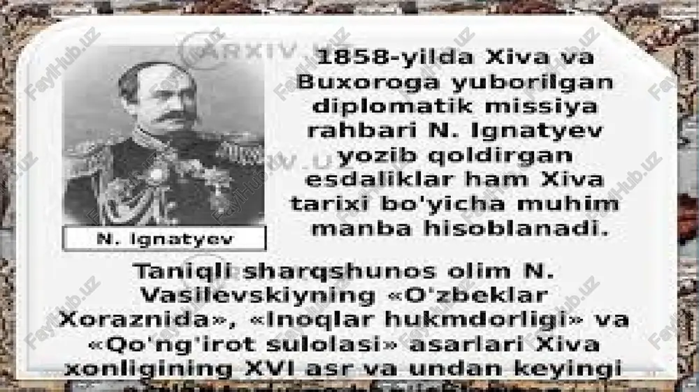 mzolanishiga erishgan elchi g. danilevskly 0°21 bilan xivaga kelgan ‘abiatshunos olim r. baziner bilan birgalikda «xiva va xonlikning boshaa shahariari hamda qishloglari, savdo- ‘sotig! va sanoatis nomi! asar vozib aaa xiva tarixi bolyicha rossiyalik mualliflarning asarlari 1725-yilda xivaga rossiya elchisi bo'lib kelgan florio benevini esdaliklarida, lmiy jthatdan | muhim 7 ma'lumotiar florio benevini rozib. ) 2 | i yevropa sayyehiari ichida taniali venger sharqshunos olimi a. ‘vamberi yozib goldirgan «o'rta osiyo bo'ylab sayohat» deb ‘ataluveht asar xiva tarixi bo'yicha ham eng gimmatli manbalardan hisoblanadi. unihg esdaliklari o'zbek tilida ham chop etilgan. oa ies er ink yoni a ie se a one | = aen paste 194 | parle brovetg faititg pouca a aos aiterae bhp ers ers ee es / saydo alogalari o'rta osiyo va rossiya xalglari o'rtasidagi munosabatlar, savdo alogal iz0q zamonlarga borib taqaladi volgabo'yi ora: rus savdogariari ham, o'rta osiyo. savdogariari ham ‘ikki mintaga o'rtasida savdo ‘alogalarini fivojlantiishda …