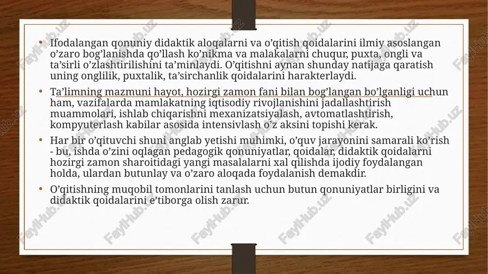 atijalar» haqidagi ta'limoti o’qitish nazariyasida alohida o’rin egalladi. uning fikricha, buyumlarni chinakam bilish, tashqi ko’rinishini tahlil qilish, sabablarini aniqlash asosida aql bilan erishiladi. ibn sino aqlning rivojlanish bosqichlarini ishlab chiqqan. so’ngi yillarda davriy nashrlarda va ilmiy jurnallarda tadqiqot mavzusiga doir bir qator maqolalar xam chop etilgan bo’lib, ularda didaktik prinsiplarning ayrim jixatlari yoritib berilgan. zamonaviy fanga aniq qonuniyatlar ko’plab soni ma’lumdir. ular qatoriga quyidagilar kiradi: 1.didaktik qonuniyatlar. 2.gnoseologik qonuniyatlar. 3.psixologik qonuniyatlar. 4.kibernetik qonuniyatlar. 5.sotsiologik qonuniyatlar. 6.tashkiliy qonuniyatlar. didaktik tamoyillar (didaktika tamoyillari) o’quv jarayonining umumiy maqsadlari va qonuniyatlariga binoan uning mazmuni, tashkiliy shakl va metodlarini belgilovchi boshlang’ich qoidalardir. etiboringiz uchun rahmat image5.png image6.png image3.png image4.png /docprops/thumbnail.jpeg