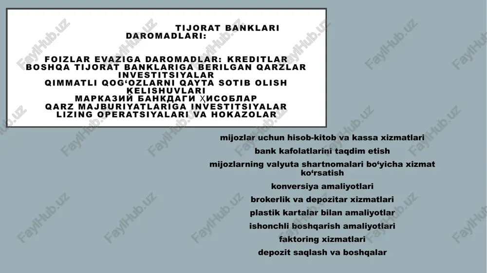 urji banklar; chakana banklar; aralash banklar. image1.png image2.jpeg image3.jpeg image4.jpeg image5.jpeg bugungi kunda o’zbekiston bank tizimida qo’llanilayotgan xizmatlar ke ko‘rsatkich 1. |roaa 232, 2,4 2. |roae 12,9 13,8 3. | sof foiz marjasi 52: 4,9 4. | foiz spredi s31 5,0 5. | foizli daromadlar/daromad keltiradigan aktivlar 9,7 9,5 6. |foizli xarajatlar/majburiyat tipidagi foizli xarajatlar 4,5 4,5 7. |daromad keltiradigan aktivlar/jami aktivlar 67,80 12,97 ss 3.tijorat banklari tomonidan markaziy ba wr talablarini bajarilishi samaradorligini oshirish. sx. respublikamiz tijorat banklarining xalqaro bazel talablariga ee asoslangan bank kapital yetarliligi koeffitsienti keyingi yillarda oshib ss borib, 24 foizdan yugori ko rsatkichga yetdi, ya'ni, xalqaro talab 8 foiz bo lgani holda 3 barobardan yuqoridir. yurtimizda moliyaviy- iqtisodiy ingirozning oldini olish maqsadida gator banklarga davlat tomonidan kapitalini oshirish uchun 600 mlrd. so’mdan ziyod mablag ning yo naltirilishi bank kapitali etarliligi koeffitsientining dsss. ko’tarilishiga sabab bo'ldi. natijada respublikamizdagi etakchi = banklar xalgaro reyting kompaniyalarining barqaror reyting …