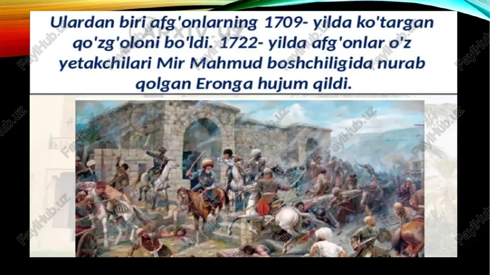 idagi isyonni tinchitib o'rta osiyoga yurish qildi. buxoro xoni abulfayzxon amudaryogacha bo'lgan hududni nodirga topshirib, uning jiyaniga qizini berdi. qattiq qarshilik ko'rsatishiga qaramay, xiva xoni elbarsxon nodirdan yengildi. 1740-yilning qishida nodir dog'istonga yurish boshladi. u yerda qonli janglar boshlandi. tez orada darband olindi, biroq janubiy dog'istonda eron qo'shini kutilmagan halokatli mag'lubiyatga uchradi. qo'shin boshlig'i ibrohim bilan birga o'n ikki nafar zodagon, shuningdek, 32 ming kishilik lashkardan faqat 8 ming kishi tirik qoldi. 30 to'pning barchasi yo'qotildi. 1741-yil yozida nodir 100 ming kishilik qo'shinni olib dog'istonga yurish boshladi. uning qo'shini yo'lida uchragan barcha yerlarni g'orat qilardi. dog'istonning tabasaron mintaqasida o'g'ir janglar kechdi. tog'liklar taslim bo'lishni xayoliga ham keltirmasdi. sentabrda aymakin darasida lutf ali boshliq eron qo'shini tor-mir keltirildi. turchidagda 5 kun davom etgan jangda nodir qo'shini qaqshatqich mag'lubiyatga uchradi. nodir orqaga chekina boshladi, gundrival nomli joyda eroniylar yana yengildi. 1741-yil kuzida nodir andalalda mag'lub bo'ldi, 20 mingga yaqin askari o'ldi. 1741-1743- …