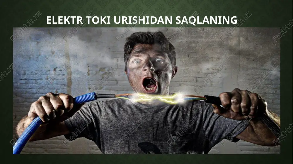 hlari kerak. elektr qurilmalariga xizmat qiluvchi kishilar beshta gruppaga bo’linadi i-gruppaga elektromontyorlarning shogirdlari, elektr dvigatellarning motoristlari, avtokran haydovchilari, sut sog‘uvchilar va boshqa noelektrotexnik xodimlar kiradi. ii-gruppaga elektroslesarlar, kuchlanishi 1000 v dan yuqori bo‘lgan qurilmalarning farroshlari va aloqachilar ega bo‘lishi kerak. iii-gruppaga podstansiyalarning operativ xodimlari, navbatchi elektriklari va boshqalar kiradi. iv gruppaga katta elektromontyorlar, elektroslesarlarning brigadirlari, injener va texnik bo‘lib ish boshlovchilar kiradi v-gruppaga katta montyorlar, masterlar, texniklar, injenerlar ega bo‘lishlari mumkin. e’tiboringiz uchun image2.jpeg image3.jpeg image4.jpeg image5.jpeg image6.jpeg image7.jpeg image8.jpeg image9.jpeg image10.jpeg image11.jpeg image12.jpeg image13.jpeg image14.jpeg image15.jpeg image16.jpeg image17.jpeg image18.jpeg paumat /docprops/thumbnail.jpeg ‘termiz davlat universitet! ‘tarix fakulteti 303-guruh talabasi xurramov muxiddinning hayot faolivati xavfsizligi fanidan tayyorlagan taqdimoti