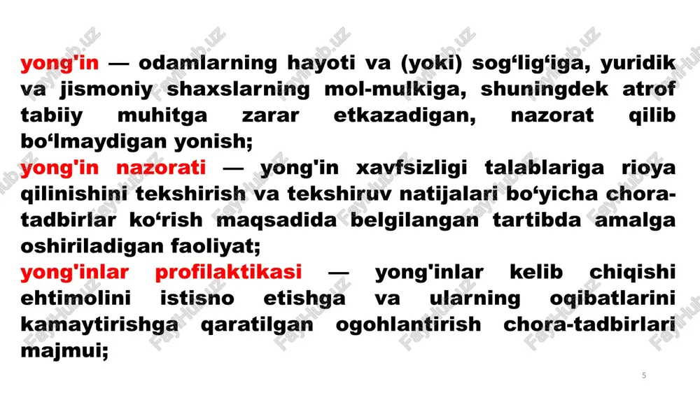 -bug‘ havo aralashmasini hosil qilishi; tutun, zaharli gazlarning ajralishi va ularning tez tarqalishi; elektr kuchlanishi ostidagi asboblarning mavjudligi; bosim ostida turgan idish va asbob sig‘imlarining portlashi; bino, qurilma va texnologik uskunalarning buzilishi hamda qulashi; bino ichida ko‘p miqdorda ilmiy, moddiy va boshqa qimmatbaho boyliklarning mavjudligi. 12 ob'ektning yong'in xavfsizligi yong'in oldini olish va yong'indan himoya qilish tizimlari, shu jumladan tashkiliy va texnik tadbirlar bilan ta'minlanishi kerak. yong'in xavfsizligi tizimlari odamlarning va moddiy boyliklarni yong'in xavfsizligi ta'minlash darajasi, shuningdek, ushbu tizimlarning moddiy boyliklar uchun samaradorligining iqtisodiy mezonlari, ob'ektlarning hayot aylanish jarayonining barcha bosqichlarini (ilmiy rivojlanish, dizayn, qurilish, ekspluatatsiya) hisobga olgan holda va quyidagi vazifalardan birini bajarishi kerak: yong'in sodir bo'lishini istisno qilish; odamlarning yong'in xavfsizligini ta'minlash; moddiy boyliklarning yong'in xavfsizligini ta'minlash; bir vaqtning o'zida odamlarning va moddiy boyliklarni yong'in xavfsizligini ta'minlash. 13 qurilish ashyolarining yong'inga xavfliligi quyidagi yong'in-texnikaviy tasniflar bilan aniqlanadi: yonuvchanlik, alangalanish, yuza bo‘yicha alanga tarqalishi, tutash xossai (xususiyati) zaharliligi. …