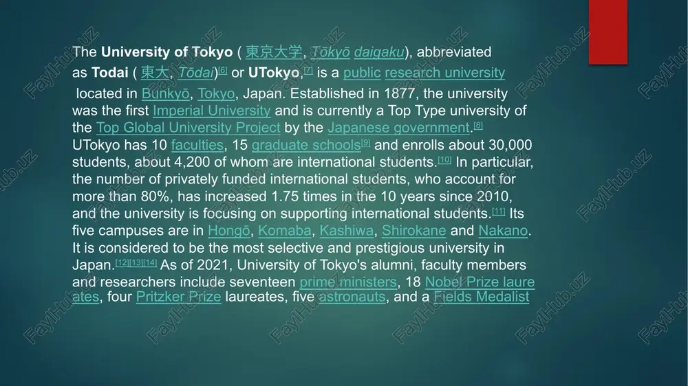 ergraduate transfer program called global science course (gsc). [24] on may 28, 2021, the university's institute for cosmic ray research started construction of the " hyper-kamiokande " device, for a new world-leading international scientific research project which is set to start experiments in 2027. [25] on 15 january 2022, a stabbing incident resulted in 3 people being wounded. the attacker was arrested outside the campus gate. the incident took place before the national examination. [26] tokio universiteti ( tōkyō daigaku ), qisqartirilgan todai ( mēng , tōdai )[6] yoki utokyo [7], bunkyō , tokio , yaponiyada joylashgan davlat tadqiqot universitetidir . 1877 yilda tashkil etilgan universitet birinchi imperator universiteti bo'lib , hozirda yaponiya hukumati tomonidan top global universitet loyihasining top type universiteti hisoblanadi .[8] utokyoda 10 ta fakultet , 15 ta aspirantura [9] mavjud va 30 000 ga yaqin talaba tahsil oladi , ulardan 4 200 ga yaqini xalqaro talabalardir …