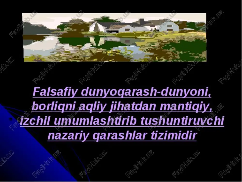 minsoniy sivilizatsiya tamoyillariga ham mos keladi. 3.tarix falsafasi nima. tarix falsafasi - tarixni falsafiy sharlash va baholash. "tarix falsafasi" atamasi antik davr falsafasi va tarixnavisligida namoyon boʻlsada, uni fanga m.f.volter kiritgan deb hisoblanadi. tarix falsafasining quyidagi yoʻnalishlari bor: teologik (ilohiyot) tarix falsafasi — xudoning irodasini tarixni harakatga keltiruvchi kuch deb hisoblaydi; metafizik tarix falsafasi — hech qanday chegaralar va doiralar bilan cheklanmaydigan, turli shakl va koʻrinishga kiradigan tushunchalar tizimini tarix falsafasi deb biladi; idealistik tarix falsafasi — unda gʻoyalar, insonning axloqiy tushunchalari, maʼnaviy-ruhiy kechinmalari asosida tarixga munosabat bildiriladi; naturalistik tarix falsafasi uchun inson hissiyoti va tuygʻusi orqali olamni anglash, oʻtmishga nazar solish va uni baholash asosiy mezondir; materialistik tarix falsafasi — unda iqtisodiy omillarga katta eʼtibor beriladi; tarixni yoʻnaltiruvchi kuch sifatida moddiy ehtiyoj va iqtisodiy zaruriyat asos qilib olinadi. tarixda shaxsning roliga qanday baho berilishiga qarab, alohida shaxsni ustun qoʻyib yoki jamoani birinchi qoʻyib fikr yuritadigan tarix falsafasi ham mavjud. …