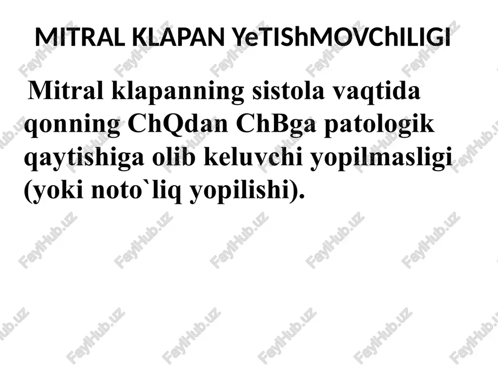 n, o`ngdan chap bo`lmacha ravog`i bo`rtib turibdi, o`pka stvoli deyarli bo`rtmagan. surunkali mitral yetishmovchilikda ko`krak qafasi rentgenogrammasi (o`ng qiyshiq holat) yurak soyasi kattalashgan kontrastlangan qizilo`ngach katta radius ravog`i bo`ylab orqaga egilgan, o`ng qorincha o`pka konusi biroz bo`rtgan. differensial diagnoz mitral klapan prolapsi mitral klapan stenozi tireotoksikoz asoratlari: qon tupurish va yurak astmasi nisbatan kam kuzatiladi xilpillovchi aritmiya tromboembolik asoratlar va yuqori o’pka gipertenziyasi nisbatan kam kuzatiladi davolash yuqsni me'yorlash uchun – yurak glikozidlari, betta adrenoblokatorlar, amiodaron, diltiazem, verapamil tromboembolik asoratlar profilaktikasi – antikoagulyantlar yue –glikozidlari, apf-ingibitorlari, diuretiklar xirurgik davo – mk rekonstruksiyasi va uni protezlash oqibati operativ davosiz 5 yil umr ko’rish 25-40% tashkil qiladi, mkni protezlangandan keyin - 60-80%ni tashkil qiladi mitral teshik stenozi chap bo`lmacha-qorincha teshigining chap bo`lmacha va qorincha orasidagi diastolik bosim gradienti oshishiga olib keluvchi torayishi epidemiologiya yurakning barcha revmatik nuqsonlari ichida aloxida mitral stenoz 40%ni tashkil qiladi. ko`pincha ayollarda aniqlanadi (4:1) etiologiya revmatik isitma infeksion …