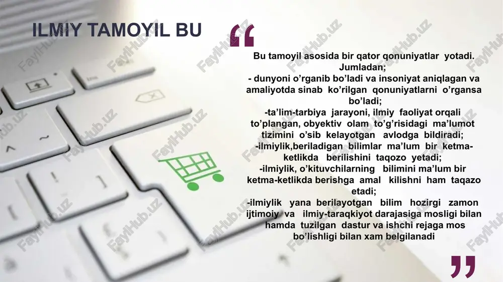 nlaringiz kechagisini mustahkamlashi va ertangi aytganingizga yo’l ochib berishi kerak. 4.ta’limning ko’rsatmalilik va ko’rgazmalilik tamoyili. ta’lim jarayonida mumkin qadar sezgi organlarini ko’proq jalb etish o’rganishni osonlashtiradi. eshitish jarayonida abstrakt tafakkur ma’lum ish bajarsa, ko’rish orqali obrazli tafakkur ham ishga tushadi. ko’rsatmalilik mavzuni o’rganishda yengillik tug’dirishi bilan birga o’quvchida qiziqish ham uyg’otadi. o’rganilgan mavzuni o’ziga uzoq muddat esda saqlanishga va qayta yesga tushirishga yordam beradi. o’quvchilarning sxema, jadval, diagramma kabi materiallarni ustida ish olib borishlari va materiallar xususiyatlarini taqqoslash, tahlil qilish, umumlashtirish, xulosa chiqarishlari mantiqiy fikrlash qobiliyatini o’stirishga yordam beradi 1 2 3 ta’lim amaliyoti, ko’rgazmalilik tamoyili amalga oshirishning bir qator qoidalarini ishlab chiqilgan 5 1.o’qitish jarayonida, ko’rgan narsa eshitganga nisbatan bir necha barobar tez o’zlashtirilib, uzoq muddatga esda saqlanib qolishligini doimo xotirada tutish qoidasi. 2.bolalar shakl, rang, his qilish va tovush orqali fikr yuritishlarini bilish qoidasi. 3.o’quvchilarning, kishi nimaiki narsani tasavvuriga keltirish mumkin bo’lsa, ko’ra olsa, sinab ko’rilsa, eshita olsa …
