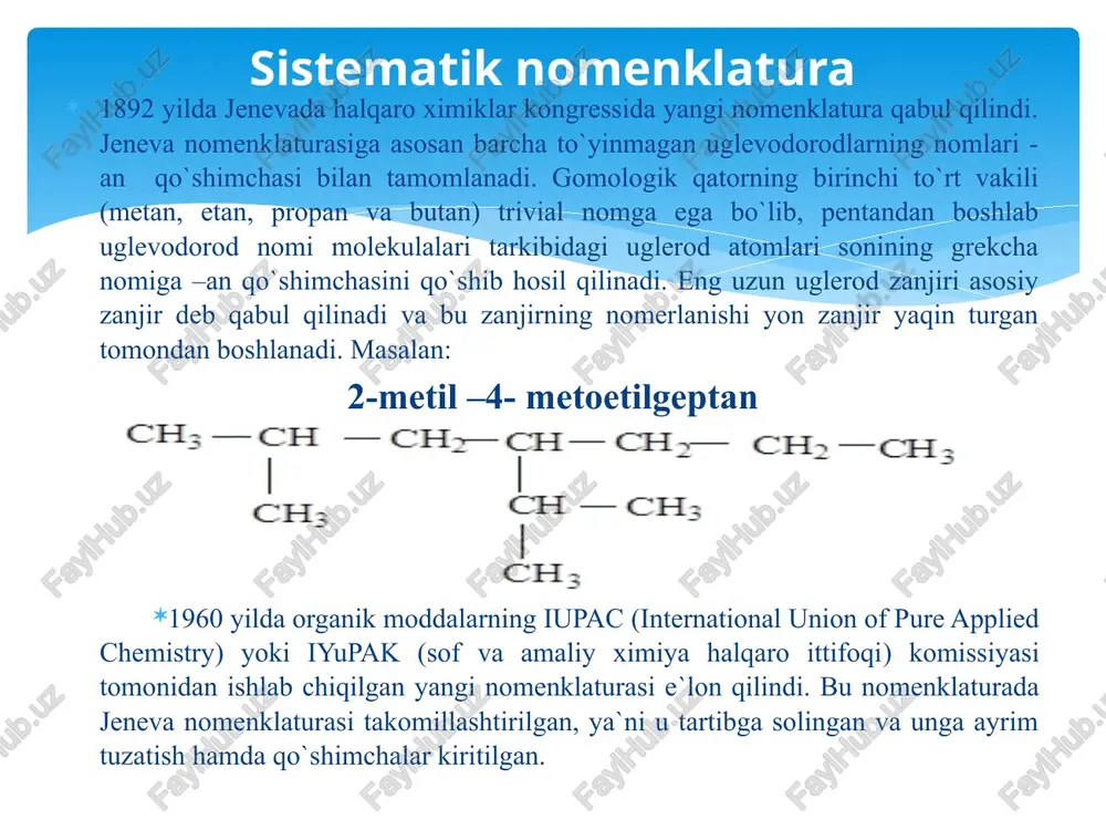 alkanlarga izomerlanadi. alkan molekulasida uglerod atomlarining soni qancha ko‘p bo‘lsa, izomerlanish shuncha oson boradi. masalan, 100oc da alcl3 ishtirokida n-pentan izopentanga aylanadi. 1867-yilda a.m.butlerov alkanlarda izomerlanish butandan boshlanishi va butannig 2 ta izomeri borligini taxmin qilib, izobutanni sintez qilgan to’yingan uglevodorodlarning ishlatilishi. to’yingan uglevodorodlar arzon sanoat xom ashyosi bo’lib, ular kimyo sanoatida turli birikmalarni olishda keng qo’llaniladi. bular orasida metanning ahamiyati g’oyat kattadir. etan, propan, butan va pentanlar sanoatda etilen va diyen uglevodorodlarini olishda ishglatiladi. suyuq uglevodorodlardan motor yoqilg’isi sifatida foydalaniladi. bular orasida izooktan – 2,2,4-trimetilpentanning ahamiyati katta. uning oktan soni 100 ga teng. sanoatda izooktan izobutilenga izobutanni katalizator ishtirokida biriktirib olinadi. katta molekulyar massaga ega bo’lgan alkanlar texnikada dizel yoqilg’isi sifatida, surkov moylari sifatida ishlatiladi. image2.png image3.png image4.png image5.png image6.png image7.png image8.png image9.png image10.png image11.png image12.png image13.png image14.png image15.png image16.png image17.png image18.png image19.png image20.png image21.png image22.png image23.png image24.wmf image25.png image26.png image27.png image28.png image29.png image30.png image31.png image32.png image33.png image34.png image35.png …