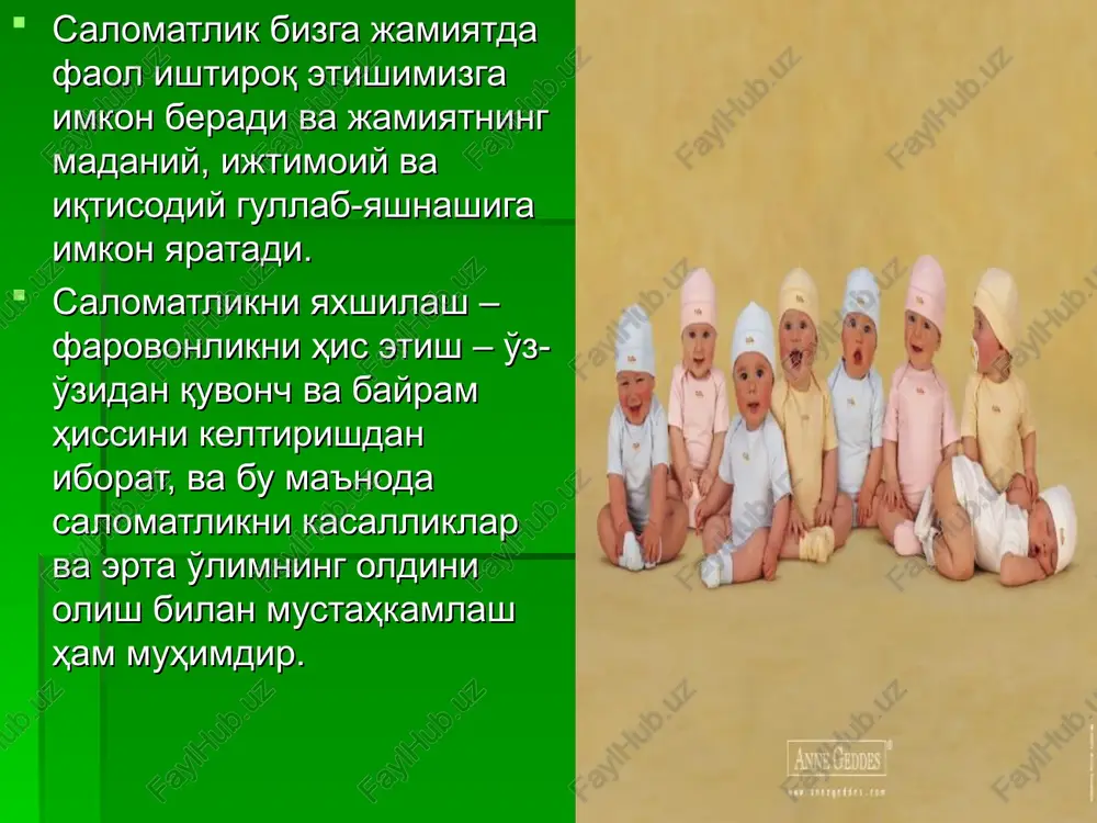 azni, ko'krak kafasi aylanasi, bosh aylanasi, boldir aylanasi. ishlatiladi: antropometr (temirli, yog'ochdan yasalgan, 2 m), maxsus bo'y o'lchagich – 2 yoshgacha bolalarda ishlatiladi(o'lchagich uzunligi 100-120 sm). diametrlarni o'lchashda ishlatiladi: tsirkul (kraniometr), metrli tasma. tana vaznini aniqlashda – tibbiy tarozi. 2. somatoskopiya – organizmning tashqi ko'rinishiga qarab baholash: tayanch va harakat apparatlarining xolati: bosh suyak shakli, ko'krak qafasi, umurtka pog'onasi, oyoq, tovon, tana shakllari, mushaklarni rivojlanishi. teri osti yog' qatlamini rivojlanishini aniqlash. jinsiy rivojlanish darajalarini baholash. teri qoplami xolatini baholash. og'iz bo'shlig'i va ko'z shilliq qavatlari xolatini baholash. tishlarni ko'rish va tish formulasini tuzish. teri osti yog' qatlamini o'lchashda qo'llaniladi: suriluvchi pargar (tsirkul) va pretsizion koliper. jinsiy rivojlanish darajalari jinsiy rivojlanishning ikkilamchi belgilari: qo'ltiq osti va yonboshda tuklar o'sishi, qizlarda hayz ko'rish davri hamda ko'krak bezining rivojlanishi, o'smirlarda mo'ylov va soqol chiqishi, ovozni qizlarda mayinlashib, o'smirlarda dag'allashishi, kekirtak chiqib turishi va b. qo'ltiq ostida tuk chiqishi va rivojlanishi –axillaris – a1 …