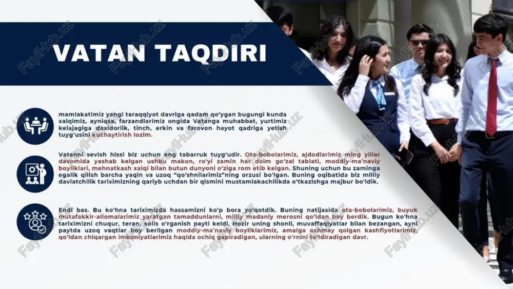 r kishining beshta muqaddas narsasi bo‘lishi kerak: vatani, dini, moli, oilasi, joni. “biz, - deb yozadi alloma, - o‘zbekiston xalqi, haqiqatda shu vatan ahllarimiz. inson nasli yaratilib, yer ustiga qadam qo‘ygan kundan boshlab, bizning ota- bobolarimiz shu o‘zbekiston o‘lkasida yashab kelgan ekanlar, shu kunlargacha tiriklarimizni bo'ynida ko‘tarib, izni qo‘ynida saqlamishdir. bu on vatanimizning bir qatlami biz — o‘zbek xalqi ota-bobolarimizning suyaklari bilan ko‘tarilmishdir. demak, bo‘ynida ko‘targan, qo‘ynida saqlab, oq sut berib tarbiyat qilgan bu o‘zbekiston - turkiston bizning o‘z ona vatanimizdir’. insoniyat nima istaydi? bugun tinchliksevar insoniyat ma’rifatli dunyoni istaydi. ma’rifatli dunyoda davlatlar, siyosiy kuchlar, muholifatlar o‘rtasida ma’naviy kelishuv yuzaga keladi. ma’naviy kelishuv taraqqiyot darajasi, qaysi qit’ada joylashgani, aholisi soni, ijtimoiy yo‘nalganlik holati, qarashlari, madaniyati, dinidan qat’i nazar, mamlakatlar, xalqlarning o‘zligini hurmat qilish, umumiy taraqqiyot yo‘lida maqsadlarini uyg‘unlashtirishdan manfaatdorlik darajasidir. allomalarimiz bot-bot ta’kidlaganidek, kimki o'z vatanini sevmasa, hech nimani seva olmaydi. vatanni sevish uchun katta, keng yurak lozim. bu yurak …