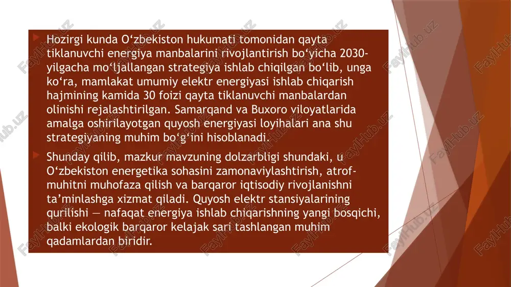 barqarorlikni ham ta’minlab, mahalliy aholiga ish o‘rinlari yaratmoqda va viloyat infratuzilmasining zamonaviylashishiga hissa qo‘shmoqda. ekologik jihatdan loyiha havoga chiqadigan zararli gazlarni sezilarli kamaytiradi, suv resurslarini tejaydi va atrof-muhitga minimal zarar yetkazadi. ijtimoiy nuqtai nazardan esa, qurilish jarayonida yuzlab mahalliy fuqarolar ish bilan ta’minlandi, keyinchalik esa servis va texnik xizmat ko‘rsatish yo‘nalishida yangi doimiy ish o‘rinlari yaratiladi. bundan tashqari, buxoro loyihasi energiya ta’minotini markazlashgan tizimdan mustaqil qilishga yordam beradi, bu esa mintaqaning energetik xavfsizligini mustahkamlaydi. ushbu stansiya kelajakda qo‘shimcha energiya quvvatlarini ishlab chiqish va eksport qilish imkonini ham beradi. buxoro viloyatida ham qayta tiklanuvchi energiya sohasida yirik loyihalar amalga oshirilmoqda. 2024-yil boshida “acwa power” kompaniyasi tomonidan 500 mvt quvvatga ega quyosh elektr stansiyasi qurilishi boshlangan. ushbu loyiha buxoro viloyatining qorako‘l tumanida joylashgan bo‘lib, o‘zbekistonning eng yirik energiya loyihalaridan biri sifatida e’tirof etilmoqda. bu stansiyaning ishga tushirilishi natijasida yiliga 1 milliard kilovatt-soat elektr energiyasi ishlab chiqariladi. bu esa buxoro viloyati aholisi va …