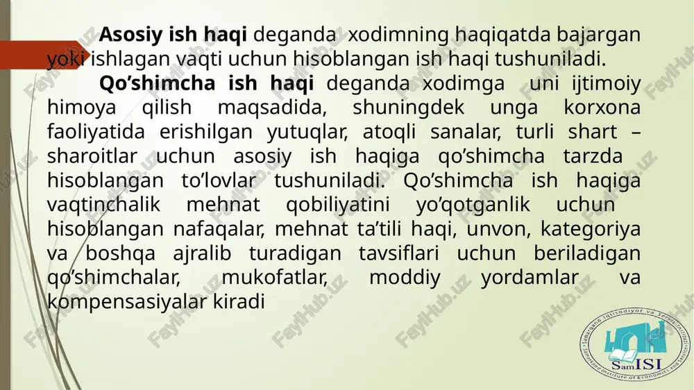 nmalar, turli kommunal xizmatlar uchun ushlanmalar va boshqa xodimning o’z arizasiga ko’ra amalga oshiriladigan boshqa ushlanmalar kiradi. ish haqidan ushlanmalarning barcha turlari va ularning jami summasi hisob-to’lov qaydnomasida yoki ish haqi bo’yicha yuritilgan kitobda alohida ustunchalarda ko’rsatiladi. mehnat kodeksiga muvofiq (164-modda) xodimning ish haqidan ushlanmalarning jami miqdori hisoblangan ish haqining 50 foizidan oshib ketmasligi lozim. 13 № operasiyaning mazmuni debet kredit asos 1. ish haqidan ushlanmalar: -daromad solig’i -5,5% lik pensiya fondiga ushlanma -alimentlar va jarimalar -olingan avans -kasaba va boshqa uyushmalarga to’lovlar -jamg’arma schyotlarga va boshqa xizmatlar uchun ushlanmalar -kreditga sotilgan tovarlar uchun ushlanmalar -olingan qarzlar uchun ushlanmalar -kursatilgan zararlar uchun ushlanmalar -sotilgan tovarlar uchun ushlanmalar -sotilgan tayyor mahsulotlar uchun ushlanmalar -sotilgan boshqa aktivlar uchun ushlanmalar -ko’rsatilgan xizmatlar, bajarilgan ishlar uchun ushlanmalar -xizmat safariga berilgan avanslarning ortiqcha summalari ushlanganda -boshqa turli maqsadlarda berilgan to’lovlar ushlanganda 6710 6410 6520 6890 4210 6890 6890 4710 4720 4730 9020 9010 9210-9220 9030 …