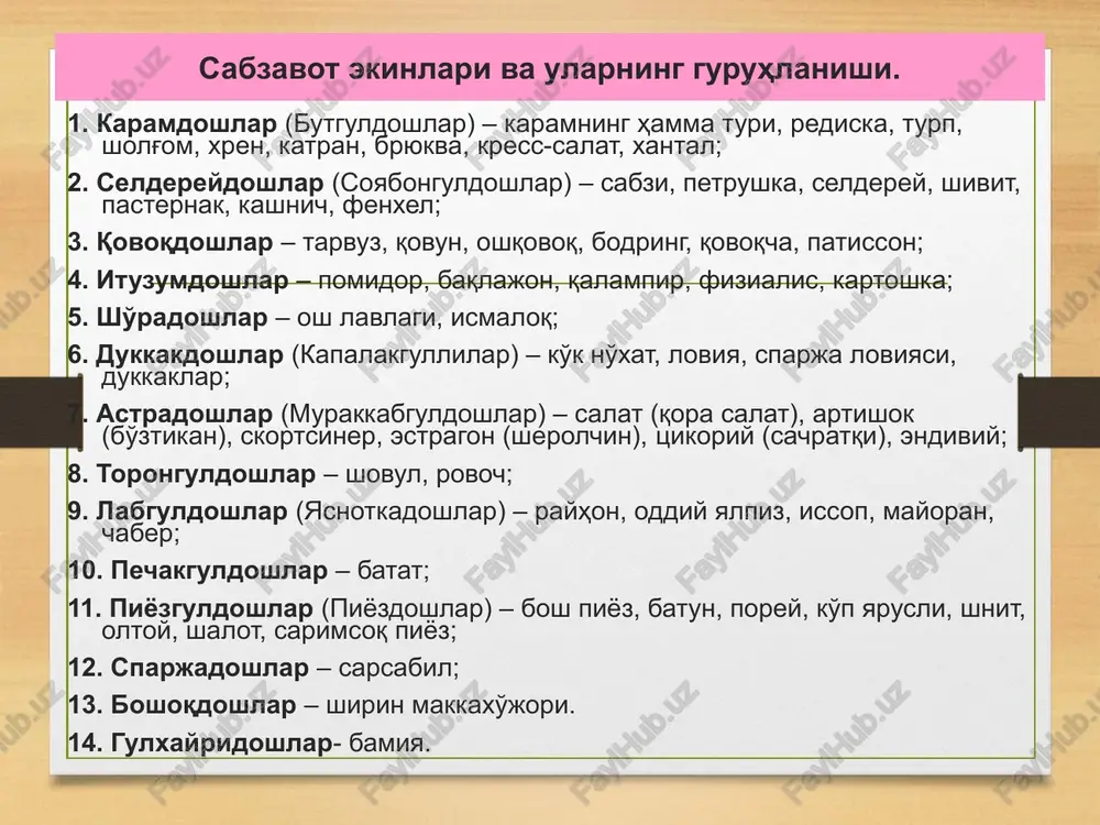 ari odam organizmining normal rivojlanishi va ishlab turishi uchun ba'zi bir mineral birikmalar, chunonchi, temir, fosfor, kaliy, kaltsiy, natriy, magniy tuzlari, yod va boshqa elementlar zarur, ana shu birikmalarni etkazib beruvchi asosiy manbai sabzavot va mevalardir. ismaloq, salat, petrushka (bargi), pomidor va bodring temir moddasiga ayniqsa boy. bargkaram va gulkaram, ismaloq, selderey bargida kaltsiy; pasternak, karam, piyoz, gorox va boshqa o'simliklarda fosfor ko'p. mineral tuzlarning muhim ahamiyati shundaki, ular chorva mahsulotlaridan tayyorlangan ovqatlarni iste'mol qilish natijasida organizmda to'planadigan kislotalarni neytrallashtiradi. yangi (ho'l) sabzavotda moylar, oqsillar va uglevodlarni parchalovchi, binobarin, ovqat hazm bo'lish jarayoniga yordamlashuvchi ba'zi bir xil fermentlar ham bor. sabzavot mahsulotlari ovqat hazm qilish bezlarining sekretor (sekret ajratish) faoliyatini kuchaytiradi, bu esa, o'z navbatida, iste'mol qilingan ovqatning yaxshi hazm bo'lishiga yordam beradi. sabzavotlarni iste'mol qilish me'yori odatda sog'lom odamning oziq-ovqatida turli sabzavotlar miqdori sutkalik ratsionning 25 foizidan kam bo'lmasligi lozim. har kuni taxminan 300 gramm kartoshka va 400 gramm …