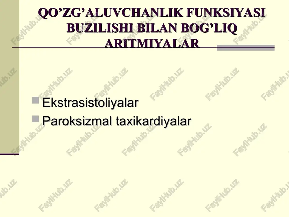 achaga o’tishining buzilishidir synoatrial blockade – infringement of carrying out of an impulse from synus knot to auricles. sab ning 3 darajasi farqlanadi: i daraja ekg da aniqlanmaydi. ii daraja – yurak kompleksini (pqrst) butunlay tushib qolishi. iii daraja – yurak asistoliyasidir. bolmachalar blokadasi kengaygan p tishcha (0,1 s dan ko‘proq); kengaygan va o‘tkir cho‘qqili p tishcha (o‘b gipertrofiyasi belgisi); kengaygan va ikki o‘rkachli p tishcha (chb gipertrofiyasi belgisi); kengaygan va ikki fazali p tishcha. atrioventrikulyar blokada avb i daraja - pq intervalning 0,12-0,20 s dan ko‘proq bo‘lishi; pq interval butun ekg davomida bir xil bo‘lishi atrioventrikulyar blokada avb ii daraja – mobits bo’yicha i tip avb ii daraja – mobits bo’yicha ii tip atrioventrikulyar blokada avb ii daraja – mobits bo’yicha iii tip av-blokada iii daraja bir xil p-p va bir xil r-r masofalar, lekin har xil pq intervallar kuzatiladi frederik sindromi - xilpillovchi aritmiya va to’liq a/v blokadaning …