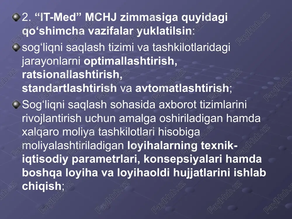amida etkazib berish tushiniladi. axborotlarni uzatishning turli xil usullari mavjud bo'lib, ular kompyuter dasturlari yordamida, pochta orqali, transport vositalari yordamida, aloqa tarmog'i orqali uzatish mumkin. aloqa tarmog'i orqali axborotlarni qisqa vaqt ichida uzoq masofaga uzatish mumkin. bunda ma'lumotlarni uzatish vaqti sezilarli darajada qisqaradi. texnologiyani qo'llash strukturasi axborot texnologiyasi ma'lumot axborot mahsuli axborot-kommunikatsiya texnologiya - bu zamonaviy kompyuterlar va telekomunikatsion vositalaridan foyidalanadigan, foydalanuvchi ishlashi uchun zarur interfeysga ega bulgan axborot texnologiyasi demakdir. axborot-kommunikatsiya texnologiya robototexnika bugungi kunda robotlar mashinasozlik zavodlarida, po'lat quyish tsexlarida, himiyaviy laboratoriyalarda, qurilishda keng qo'llanilmoqda. robotlarni yaratish bilan shug'ullanadigan texnikaning maxsus shaxobchasi – robototexnika paydo bo'ldi. ishlab chiqarish sohasi ular yordamida yangi maxsulotni chizmasini yaratishdan to tayyor maxsulot bo'lib chiqqunga qadar bo'lgan barcha jarayonlarni avtomatlashtirish mumkin. maxsulotni shaklini konstruktor kompyuter ekranida chizib, tegishli o'zgartirishlar yasab, qog'ozga chop etishi mumkin. tibbiyot kompyuterlarning shifoxonalarda va poliklinikalarda paydo bo'lishi ko'p narsalarni muammolarni ham tubdan o'zgartirib yuboradi. tibbiyotda meditsina ish qurollaridan tashqari …