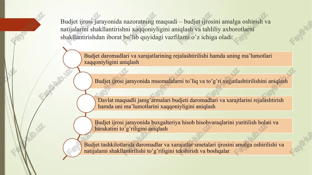 ganlari, mahalliy davlat hokimiyati organlari, tovarlar (ishlar, xizmatlar)ning davlat xaridlari jarayonida ishtirok etuvchi boshqa tashkilotlar va xo’jalik yurituvchi sub’ektlar tomonidan hukumat komissiyasi qarorlari bajarilishini nazorat qilish davlat xaridlari sohasidagi qonun hujjatlarini takomillashtirishda qatnashish g’aznachilikda ikki turdagi majburiyat amal qiladi: yuridik majburiyat yuridik majburiyat byudjetdan mablag’ oluvchilar va ularga mol (tovarlar, ishlar, xizmatlar) etkazib beruvchilar o’rtasidagi shartnoma tegishli tartibda majburiy ravishda g’aznachilikda ro’yxatdan o’tkazilganidan keyin vujudga keladi. yuridik majburiyatlarni tegishli g’aznachilik organlarida majburiy ravishda ro’yxatga olishdan ko’zlangan asosiy maqsad - byudjet nazoratining samaradorligini yanada oshirish, shartnomalarda nazarda tutilgan xarajatlarning tasdiqlangan rejadan (xarajatlar smetasi ko’rsatkichlaridan) ortib ketishiga yo’l qo’ymaslik. moliyaviy majburiyat moliyaviy majburiyatlar – byudjet tashkilotlarida va byudjetdan mablag’ oluvchilarda ularga pul mablag’larini o’tkazib berish majburiyatini yuklovchi hujjatlar, shu jumladan ijro hujjatlari asosida yuzaga keladigan majburiyatlar bo’lib, ular qabul qilingan yuridik majburiyatlar va xarajatlarni to’lash uchun berilgan ruxsatnomalar doirasida hisobvaraq-fakturalari hamda moliyaviy majburiyatlar mavjudligini tasdiqlovchi boshqa hujjatlar asosida g’aznachilik bo’linmalari tomonidan qabul …