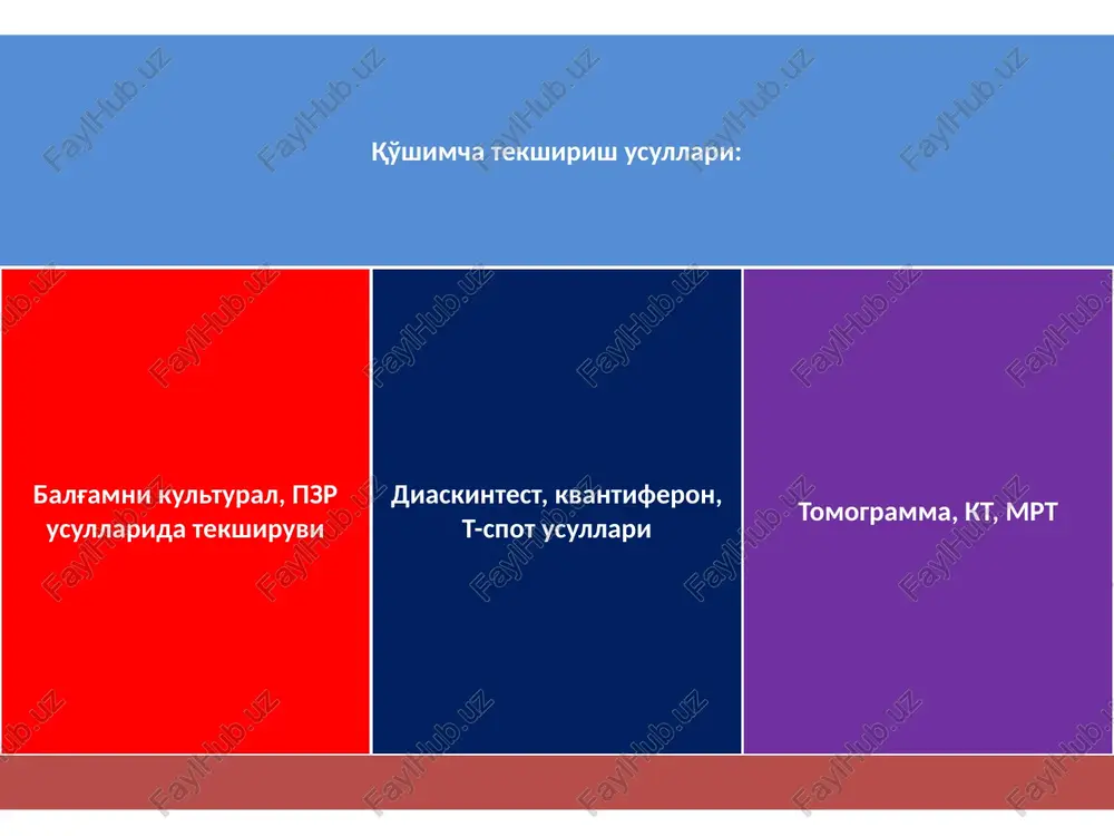 virulent oqsillar bo'lmaganligi uchun) bu gamma interferon hosil bo'lmaydi. bu test shifokorlarga immunosepressiya holatida yoki yosh bolalarda immunosupressiv preparatlar qabul qilganda tuberkulez mavjudligi yoki inkor qilishga yordam beradi diagnostik test t-spot.tb kvantiferon test bajarish muddati 1-2 ish kuni 1-3 ish kuni esat-6 va cfp-10 peptidlar antigenlar tomonidan t-xujayralarni stimulyatsiya bo'lish darajasini aniqlash btsj-vaktsinatsiyadan so'ng allergiyada soxta musbat reaktsiya kuzatilmaydi btsj-vaktsinatsiyadan so'ng allergiyada soxta musbat reaktsiya kuzatilmaydi natijalarni baxolash esat-6 va cfp-10 peptidlar antigenlar bilan gamma-interferon ishlab chiqaradigan sensibiliatsiyalangan t-limfotsitlarni sonini aniqlaydi esat-6 va cfp-10 peptidlar antigenlar bilan sensibilizatsiyalangan limfotsitlar tomonidan ishlab chiqariladigan gamma-interferon miqdorini aniqlaydi limfotsitlar soni bo'yicha sandartizatsiya o'tkazish imkoniyati bor yo'q latent va tuberkulezni faol bosqichini farqlash imkoniyati yo'q yo'q vliyanie prinimaemix lekarstvennix preparatov na test net est tochnost pri immunosupressii (v t.ch. vich) visokaya visokaya, no mogut bit lojnootritsatelnie rezultati pri virajennom snijenii limfotsitov chuvstvitelnost testa ot vozrasta patsienta prakticheski ne izmenyaetsya snijaetsya posle 30 let primenenie …