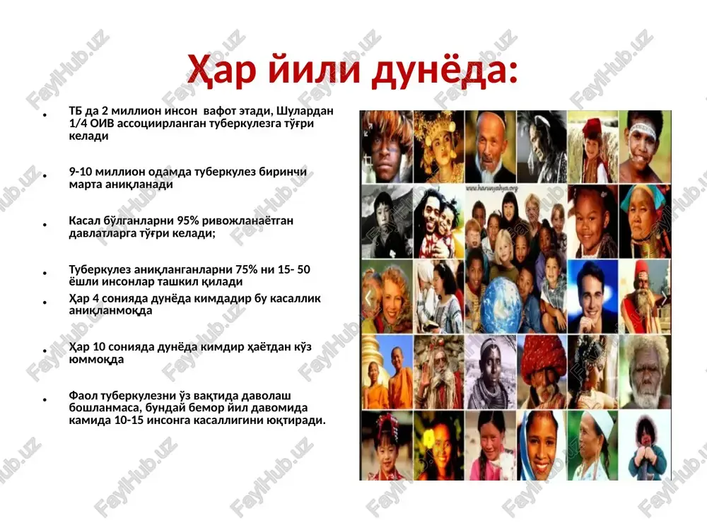 sa- tuberkulez albatta kelib chiqadimi??? qachon va qaysi hollarda tuberkulez kasalligi insonda rivojlanishi mumkin? tuberkulez bemori bilan muloqat da bo'lganlari barchasida kasallik rivojlanadimi? barcha insonlarda tuberkulezga nisbatan sezgirligi bir hilmi? bugun ma'ruzada ushbu savollarga javob beriladi, kafedraga barchalaring tuberkulez bo'lib qolishdan qo'rquv bilan kelgansilar va shuni bartaraf etishga harakat qilamiz tushuncha : sil patogenezi – sil kasalligini organizimga yuqishini, kasallikni organizmda rivojlanishini o'rganadi silning rivojlanishi quyidagilarga bog'liq : kontaktni muddatiga sil tayoqchasining virulentliligiga sil tayoqchalarining miqdoriga odnokratniy kontakt s bolnim tuberkulezom – eto vsegda privodit k razvitiyu tuberkuleza?? kogda i pri kakix obstoyatelstvax razvivaetsya tuberkulez? kajdiy chelovek, imevshiy kontakt zabolevaet tuberkulezom? vse li odinakovo vospriimchivi k tuberkulezu? vot na eti voprosi mi segodnya postaraemsya otvetit i samoe glavnaya zadacha segodnyashney lektsii likvidirovat ftiziofobiyu, s kotoroy vi prishli k nam na kafedru faktori, sposobstvuyushie razvitiyu tuberkuleza: nekachestvennoe pitanie alkogol, narkotiki, kurenie preparati snijayushie immunitet(steroidi, tsitostatiki) saxarniy diabet vich-infektsiya chastie prostudnie zabolevaniya …